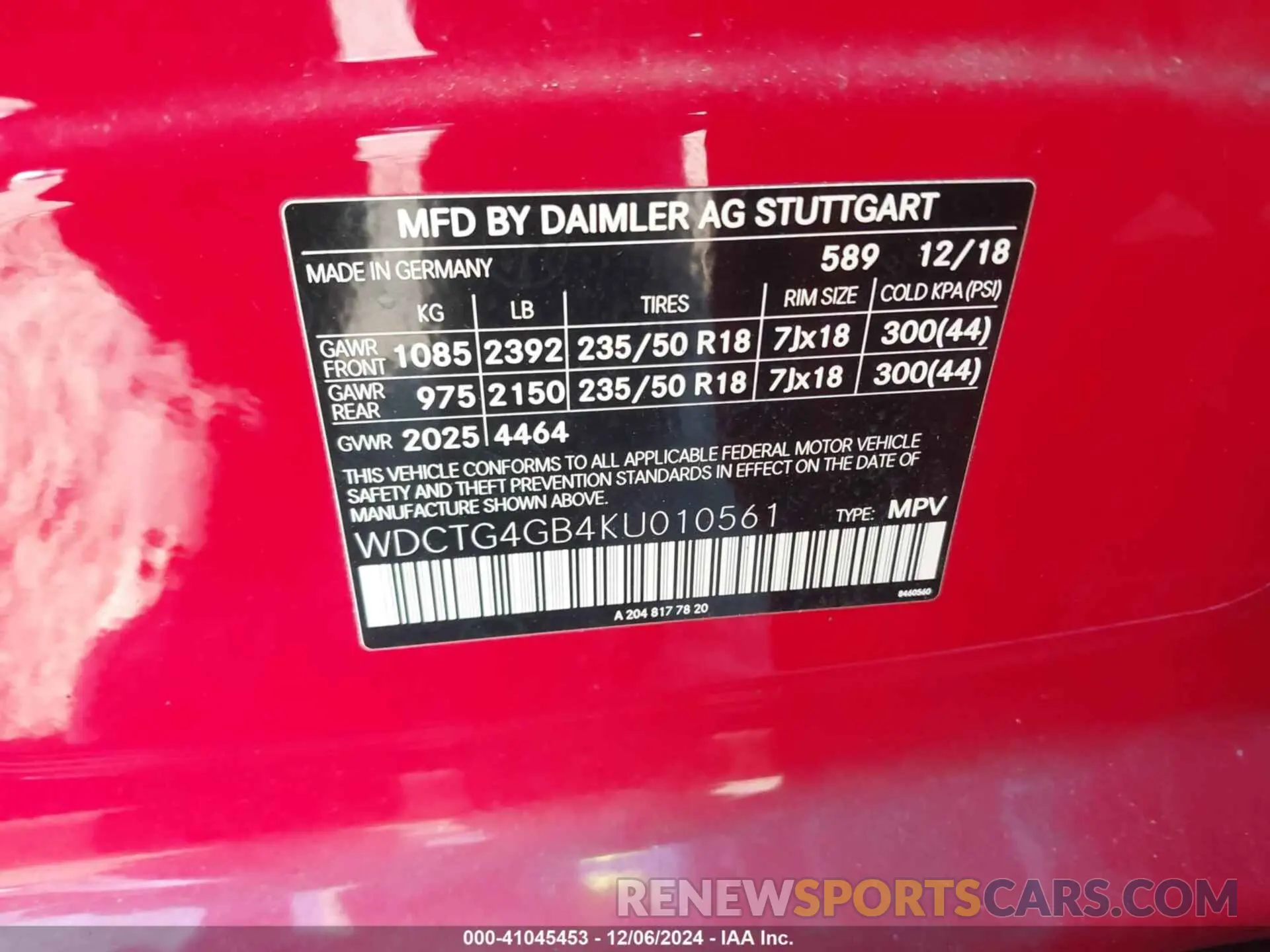 9 Photograph of a damaged car WDCTG4GB4KU010561 MERCEDES-BENZ GLA 250 2019
