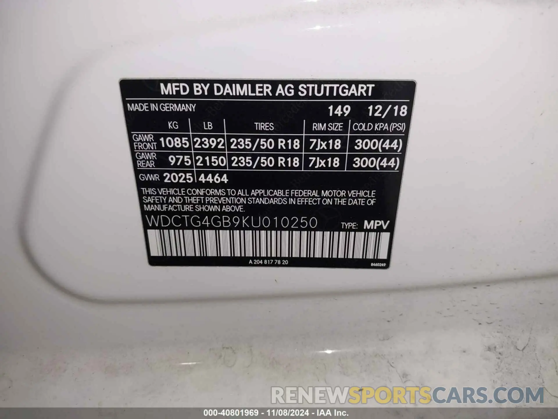9 Photograph of a damaged car WDCTG4GB9KU010250 MERCEDES-BENZ GLA 250 2019