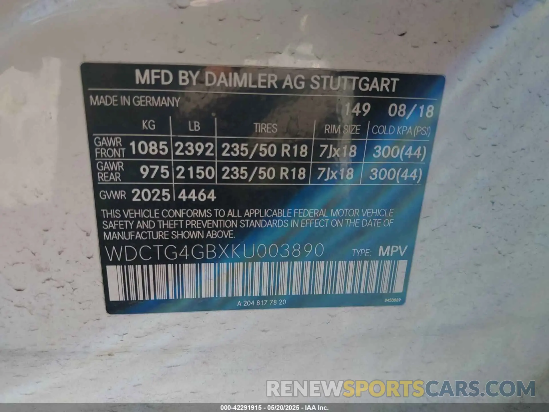 9 Фотография поврежденного автомобиля WDCTG4GBXKU003890 MERCEDES-BENZ GLA 250 2019