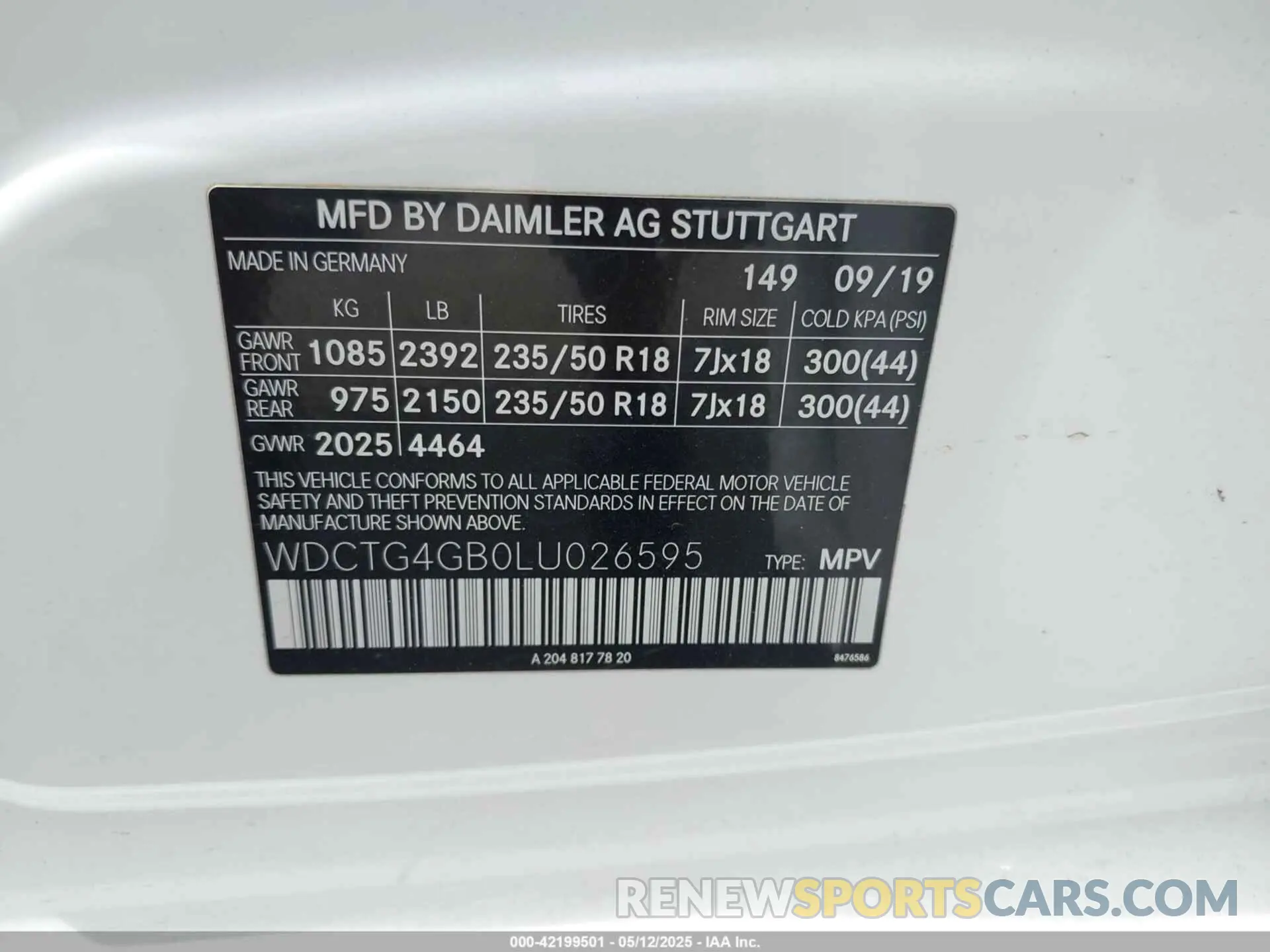 9 Фотография поврежденного автомобиля WDCTG4GB0LU026595 MERCEDES-BENZ GLA 250 2020
