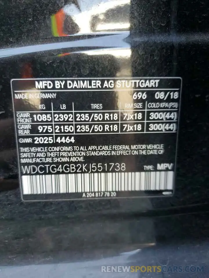15 Фотография поврежденного автомобиля WDCTG4GB2KJ551738 MERCEDES-BENZ GLA-CLASS 2019