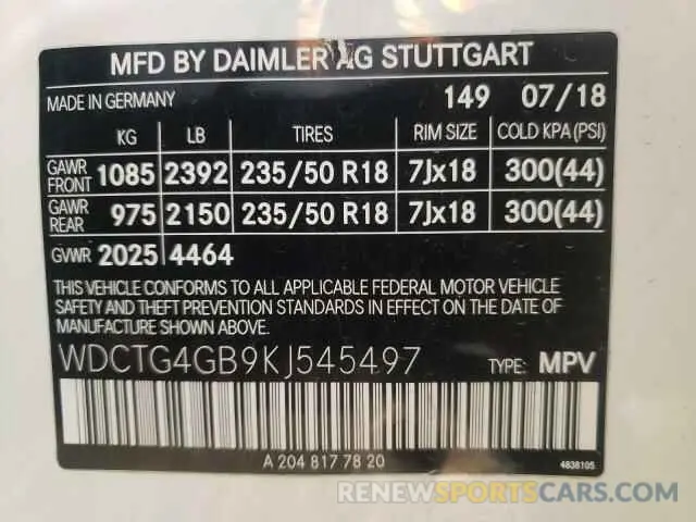 10 Photograph of a damaged car WDCTG4GB9KJ545497 MERCEDES-BENZ GLA-CLASS 2019