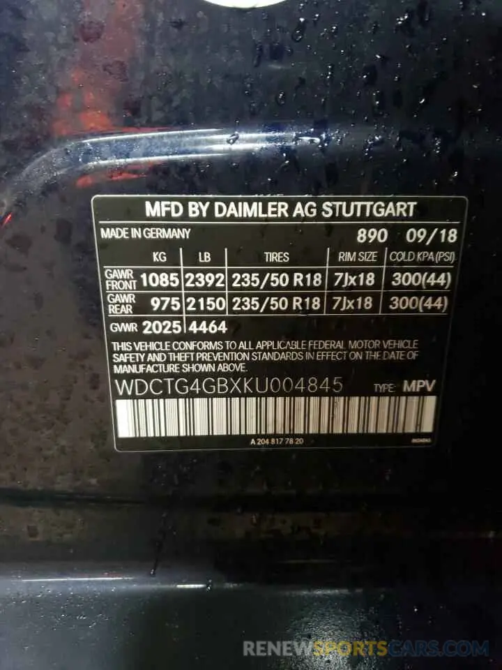 13 Фотография поврежденного автомобиля WDCTG4GBXKU004845 MERCEDES-BENZ GLA-CLASS 2019