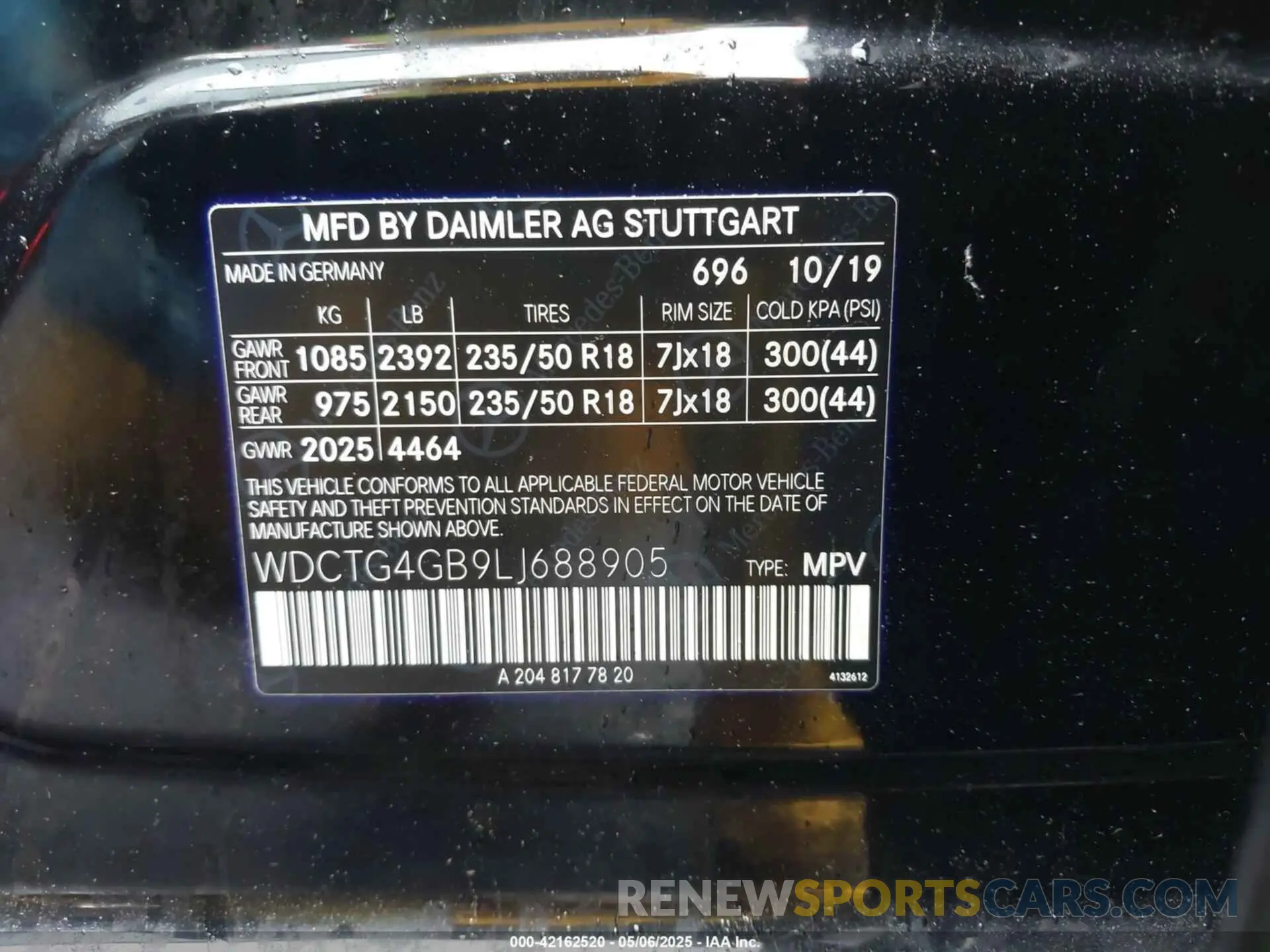 9 Photograph of a damaged car WDCTG4GB9L1688905 MERCEDES-BENZ GLA CLASS 2020