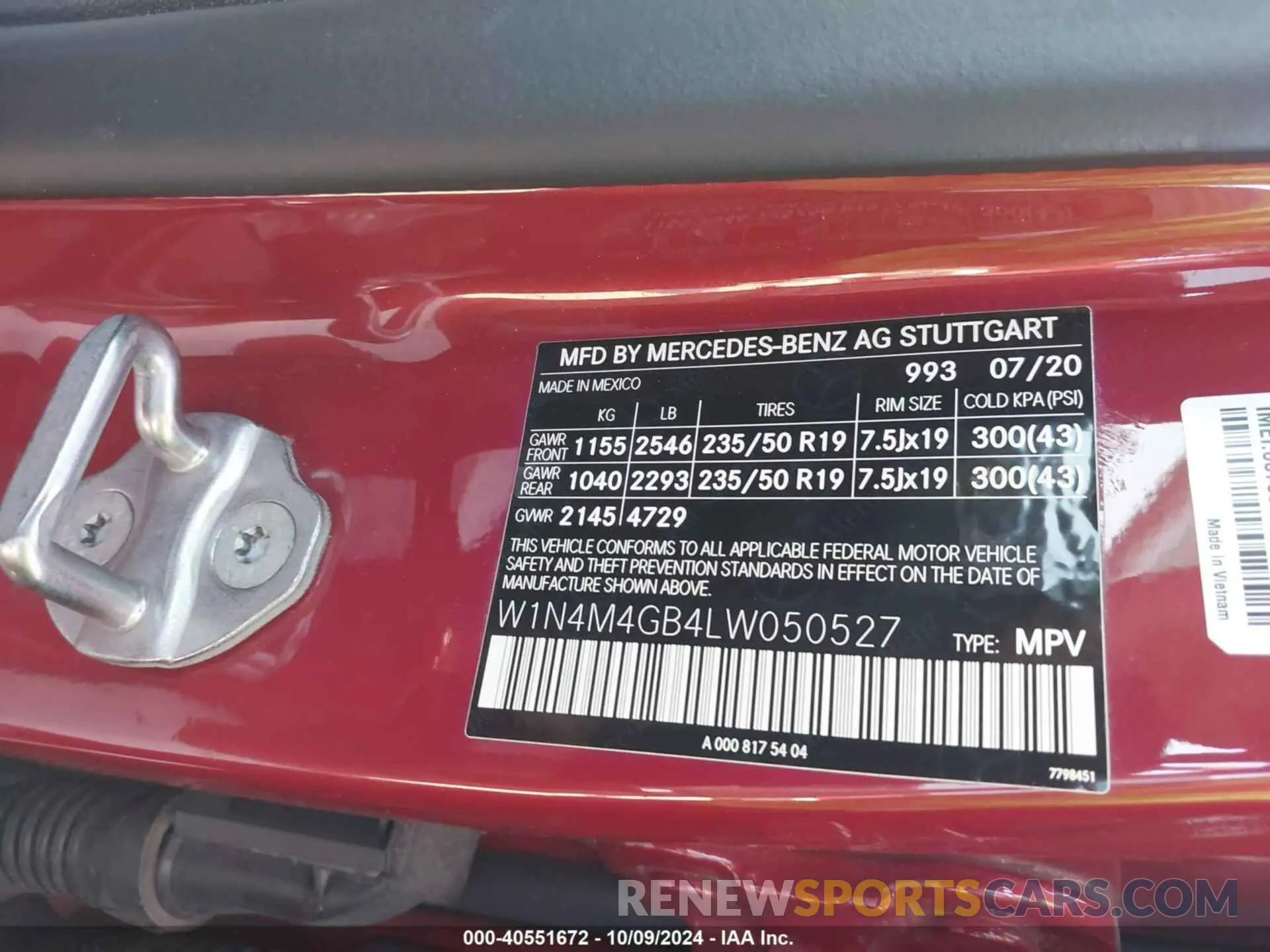 9 Фотография поврежденного автомобиля W1N4M4GB4LW050527 MERCEDES-BENZ GLB 250 2020
