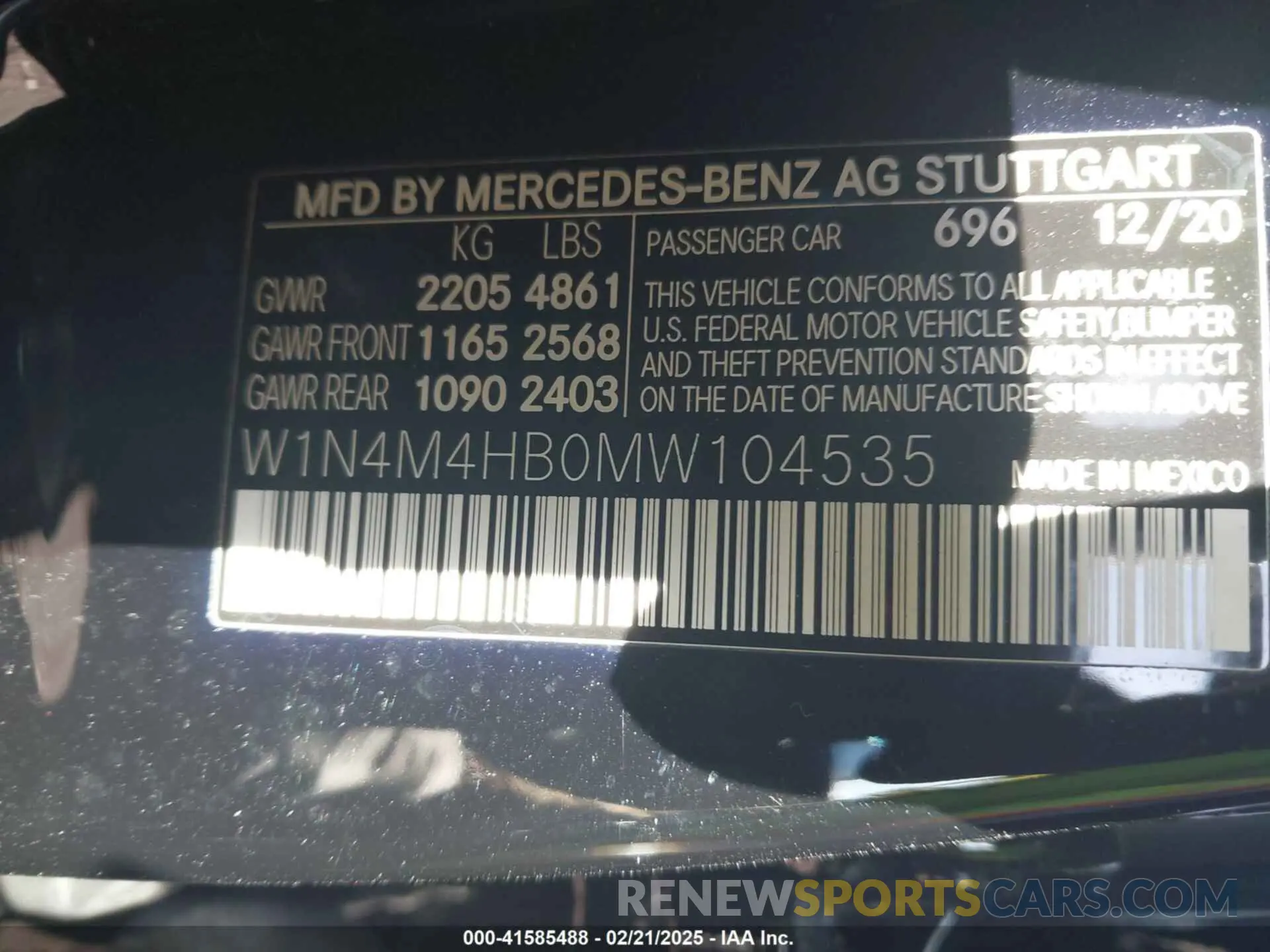 9 Фотография поврежденного автомобиля W1N4M4HB0MW104535 MERCEDES-BENZ GLB 250 2021