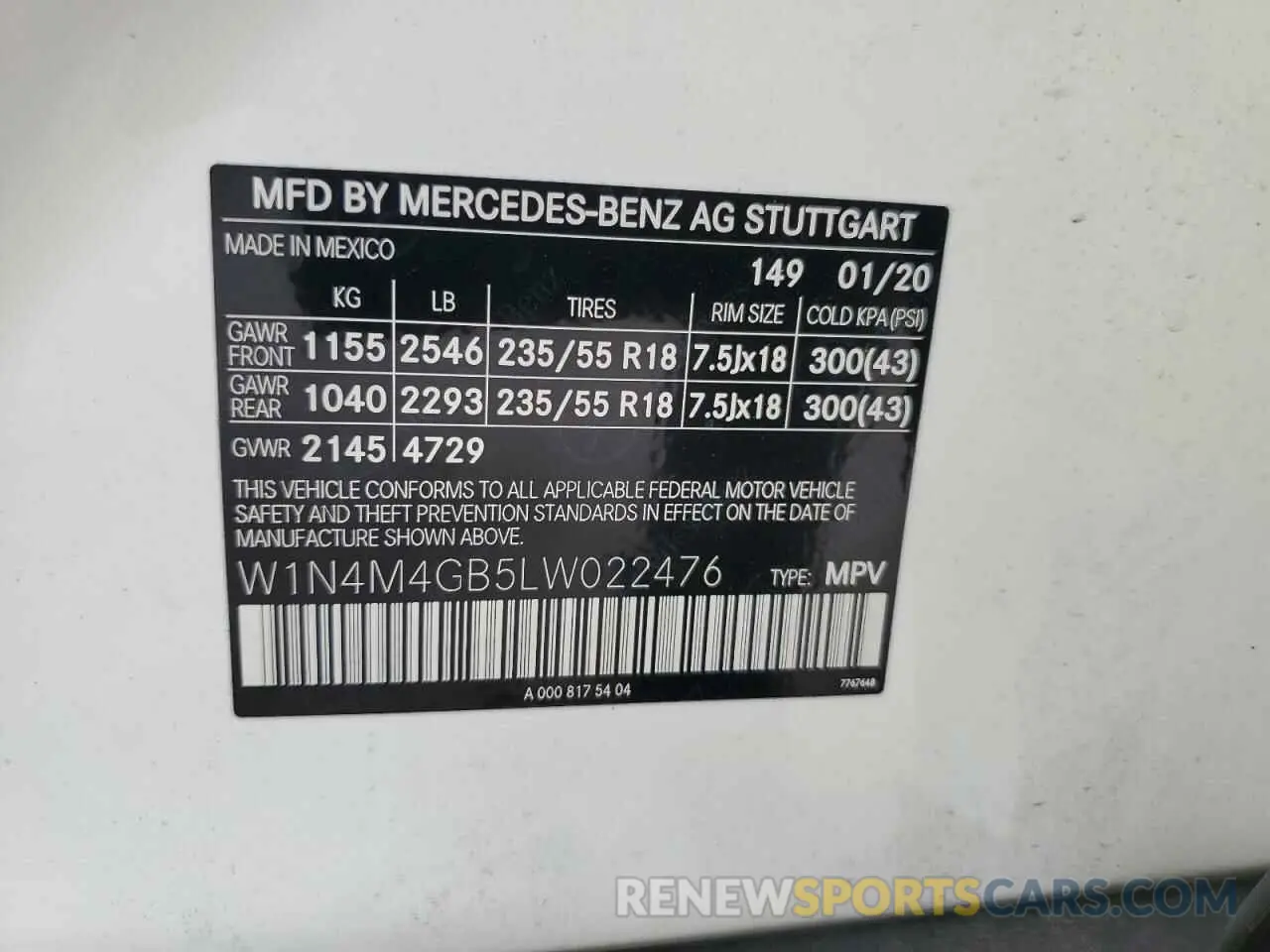 14 Фотография поврежденного автомобиля W1N4M4GB5LW022476 MERCEDES-BENZ GLB-CLASS 2020