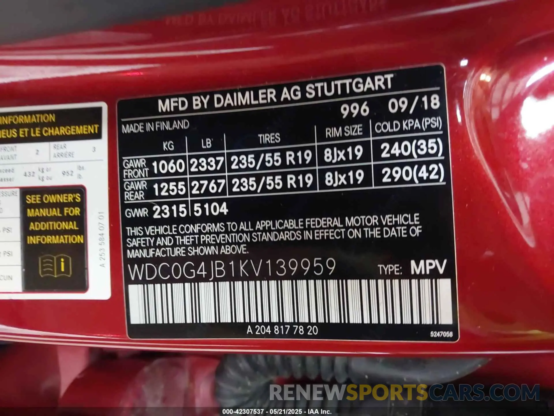 9 Фотография поврежденного автомобиля WDC0G4JB1KV139959 MERCEDES-BENZ GLC 300 2019