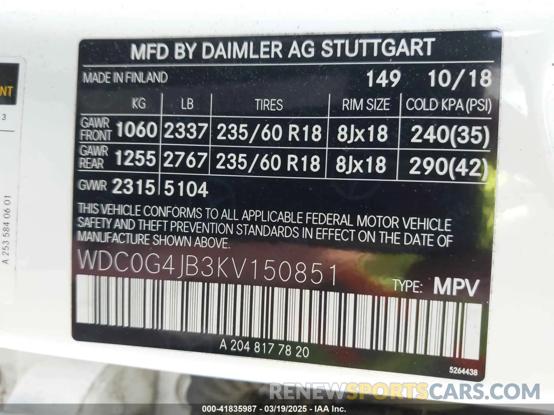 9 Фотография поврежденного автомобиля WDC0G4JB3KV150851 MERCEDES-BENZ GLC 300 2019