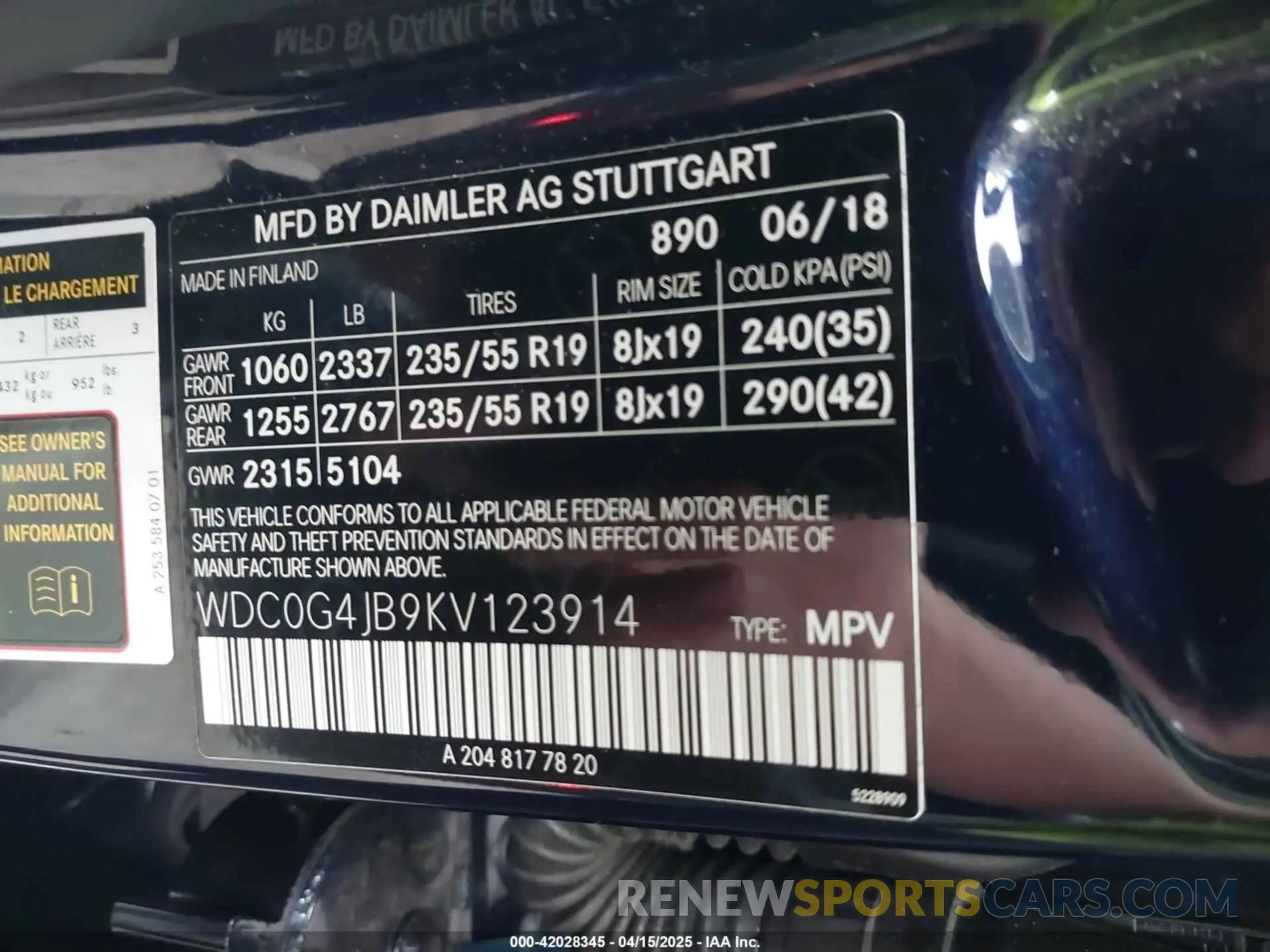 9 Фотография поврежденного автомобиля WDC0G4JB9KV123914 MERCEDES-BENZ GLC 300 2019