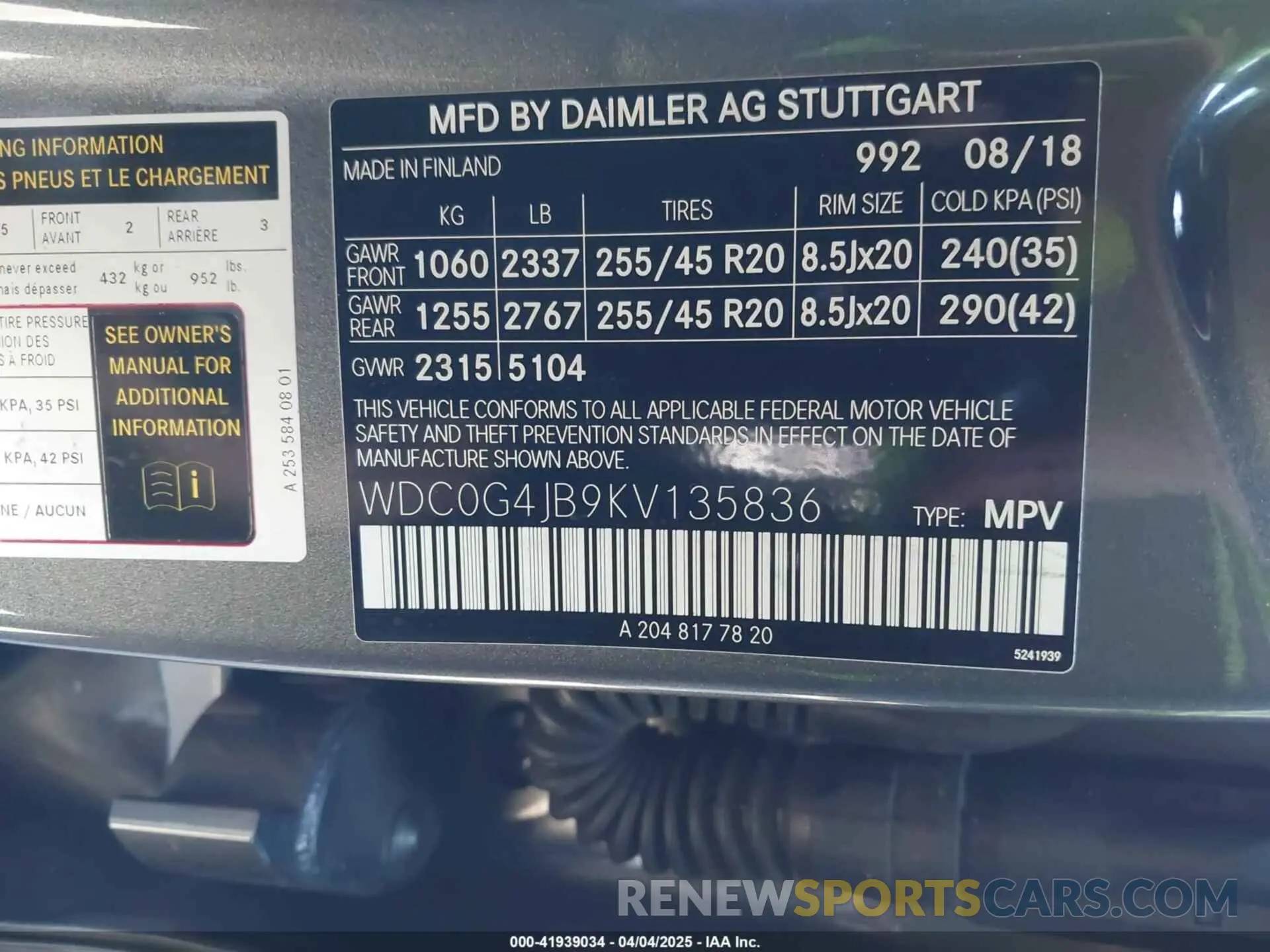 9 Фотография поврежденного автомобиля WDC0G4JB9KV135836 MERCEDES-BENZ GLC 300 2019