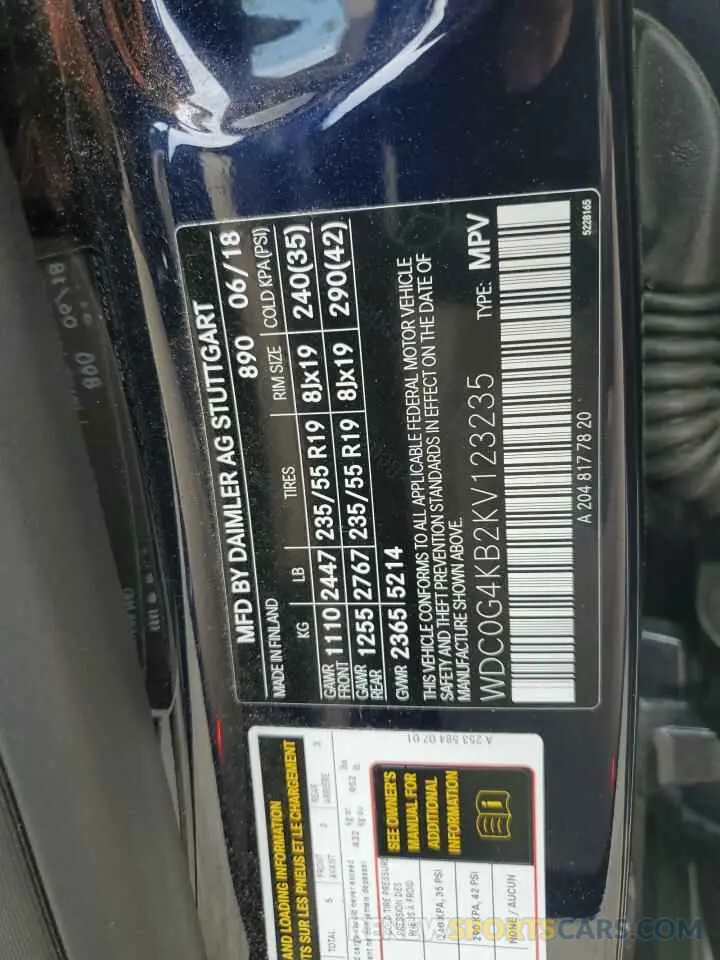 12 Фотография поврежденного автомобиля WDC0G4KB2KV123235 MERCEDES-BENZ GLC-CLASS 2019