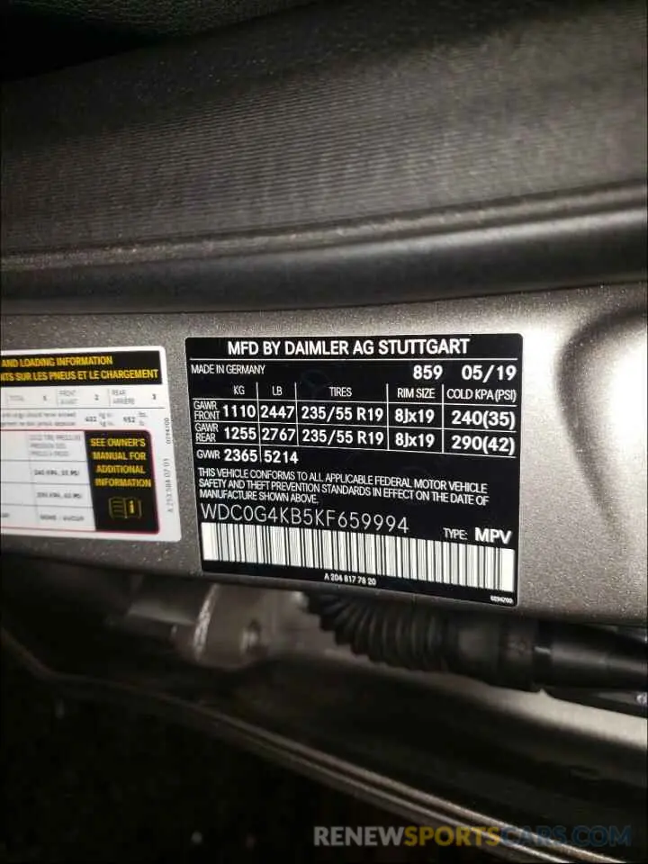 10 Фотография поврежденного автомобиля WDC0G4KB5KF659994 MERCEDES-BENZ GLC-CLASS 2019