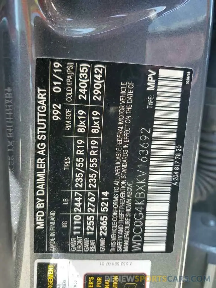 10 Фотография поврежденного автомобиля WDC0G4KBXKV163692 MERCEDES-BENZ GLC-CLASS 2019