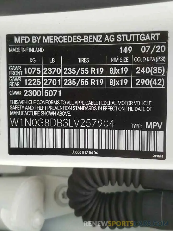 10 Photograph of a damaged car W1N0G8DB3LV257904 MERCEDES-BENZ GLC-CLASS 2020