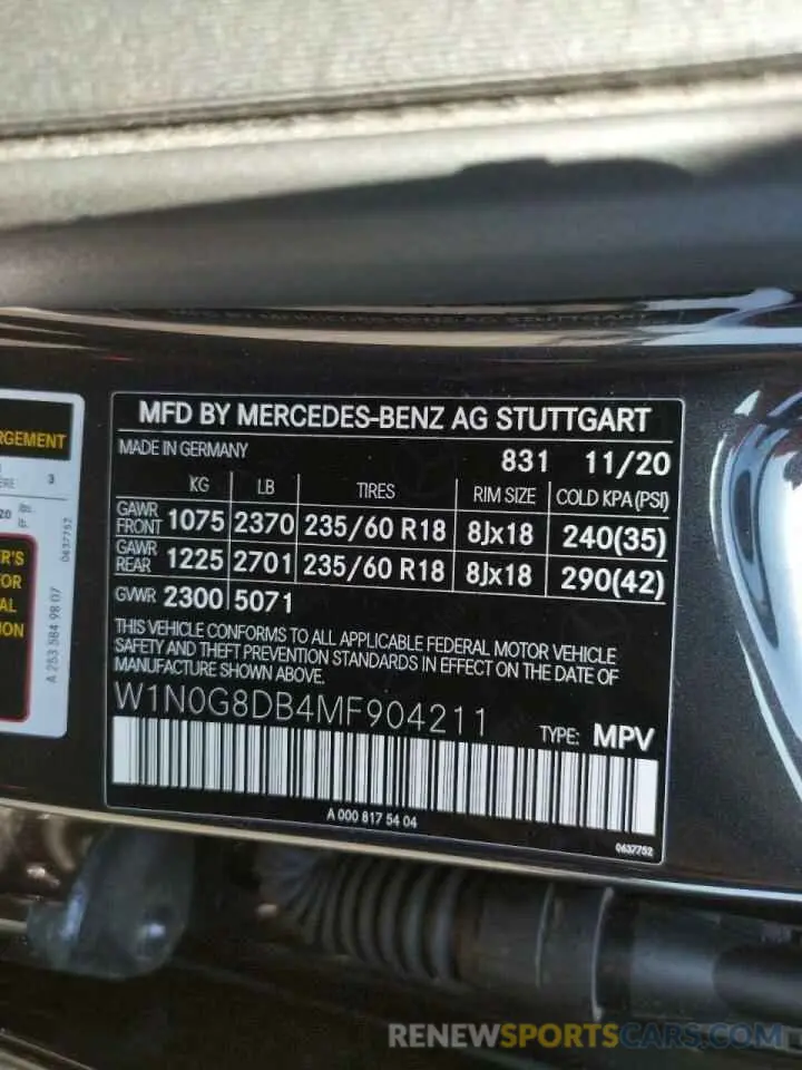 10 Photograph of a damaged car W1N0G8DB4MF904211 MERCEDES-BENZ GLC-CLASS 2021