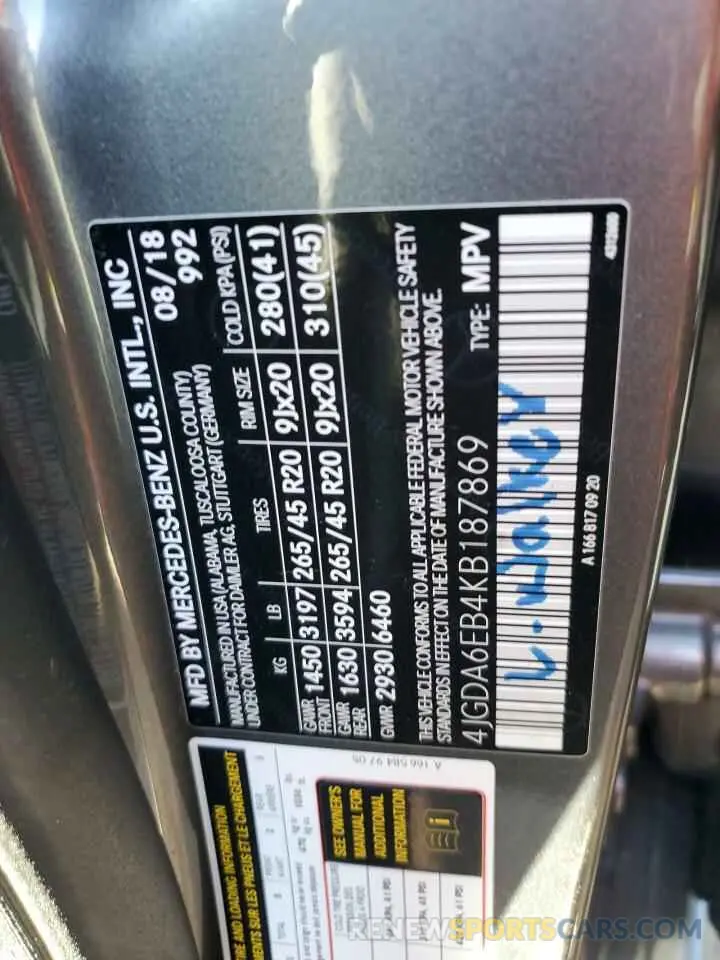 13 Photograph of a damaged car 4JGDA6EB4KB187869 MERCEDES-BENZ GLE-CLASS 2019