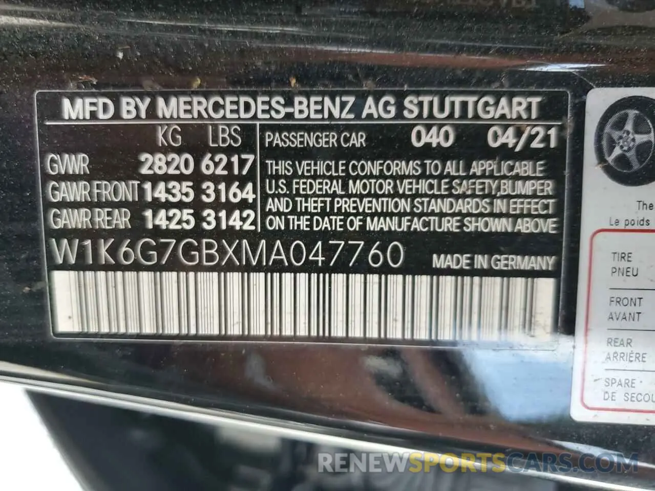 10 Photograph of a damaged car W1K6G7GBXMA047760 MERCEDES-BENZ S-CLASS 2021