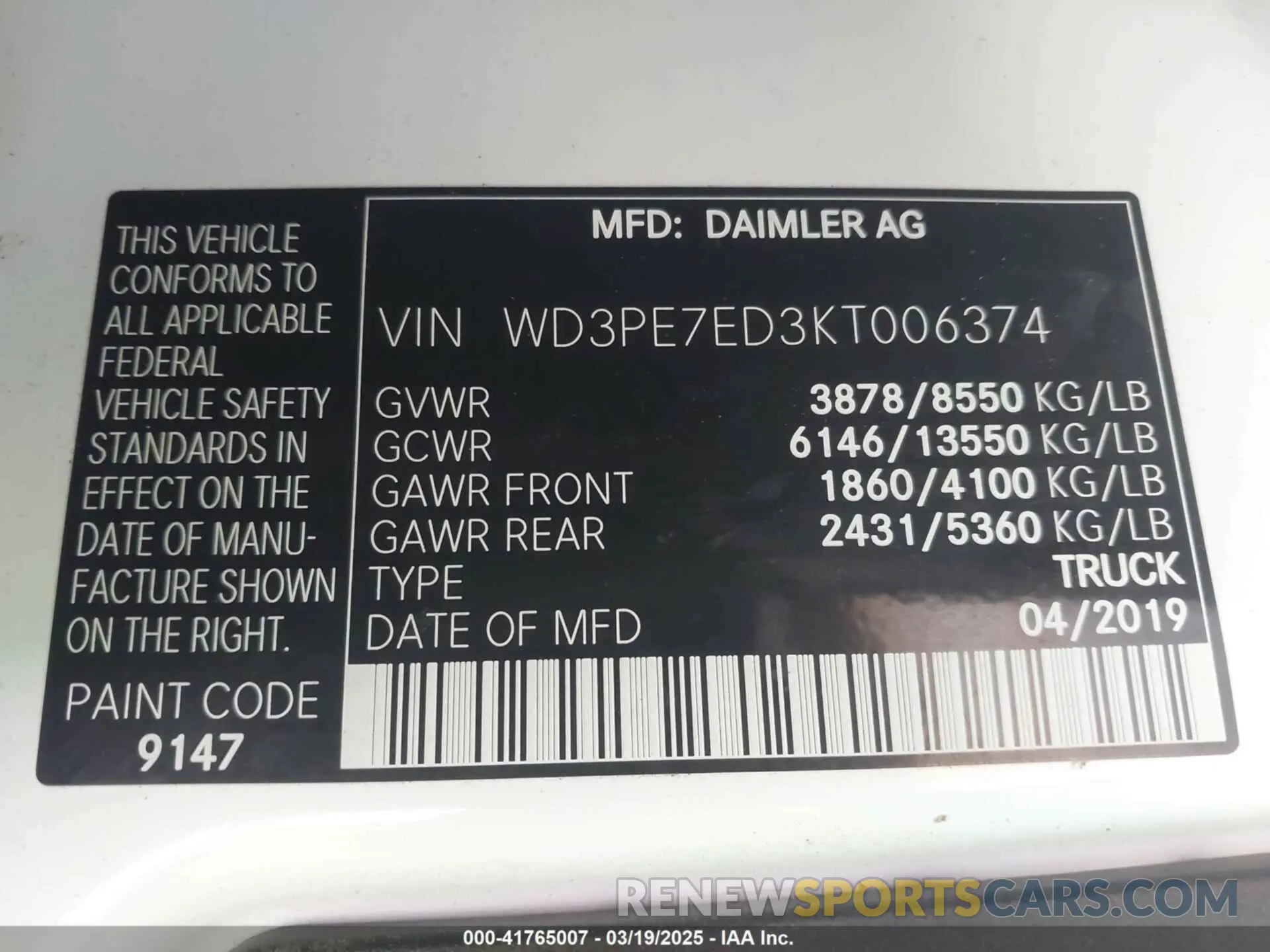 9 Photograph of a damaged car WD3PE7ED3KT006374 MERCEDES-BENZ SPRINTER 1500 2019