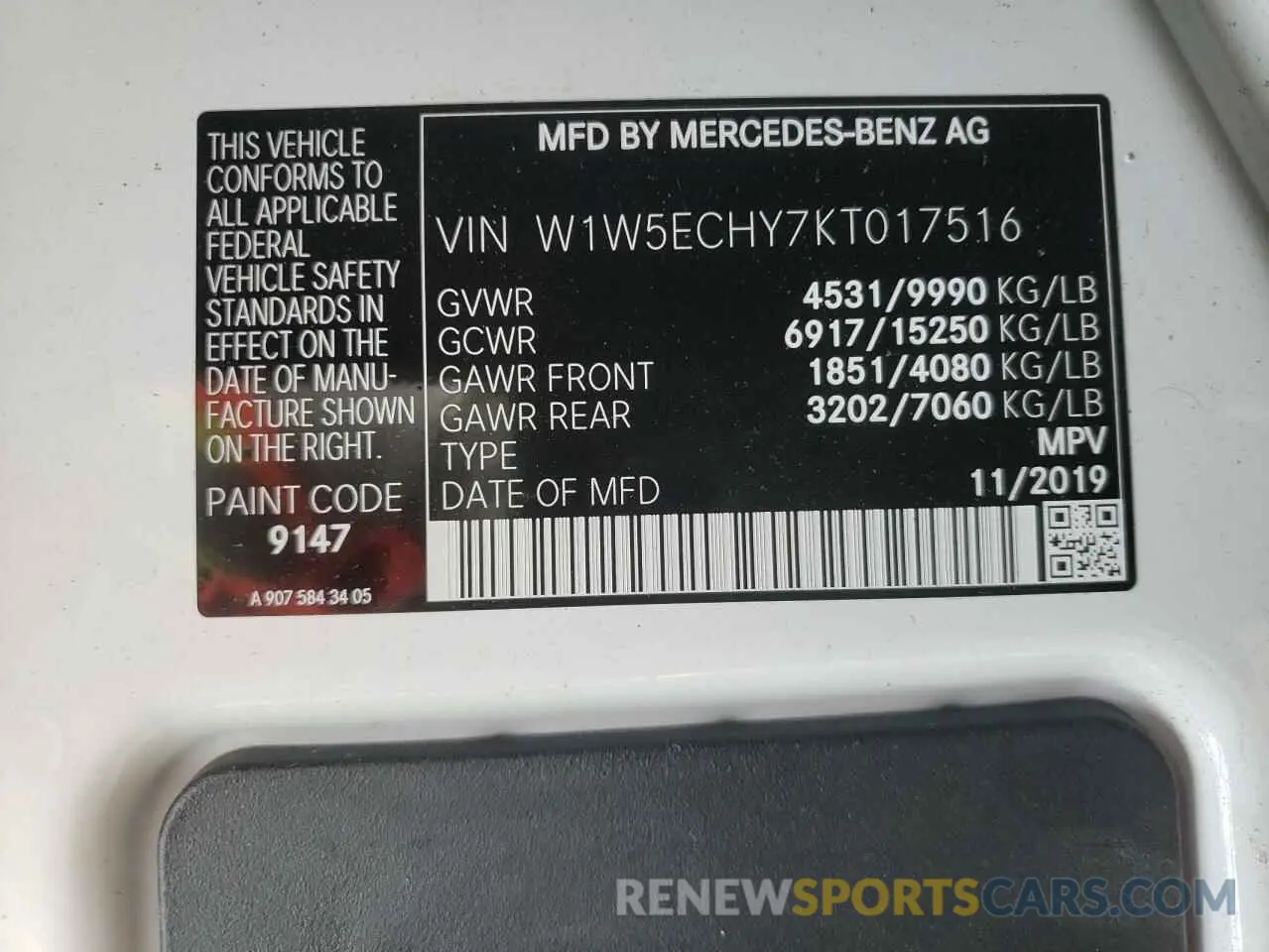 10 Photograph of a damaged car W1W5ECHY7KT017516 MERCEDES-BENZ SPRINTER 2019