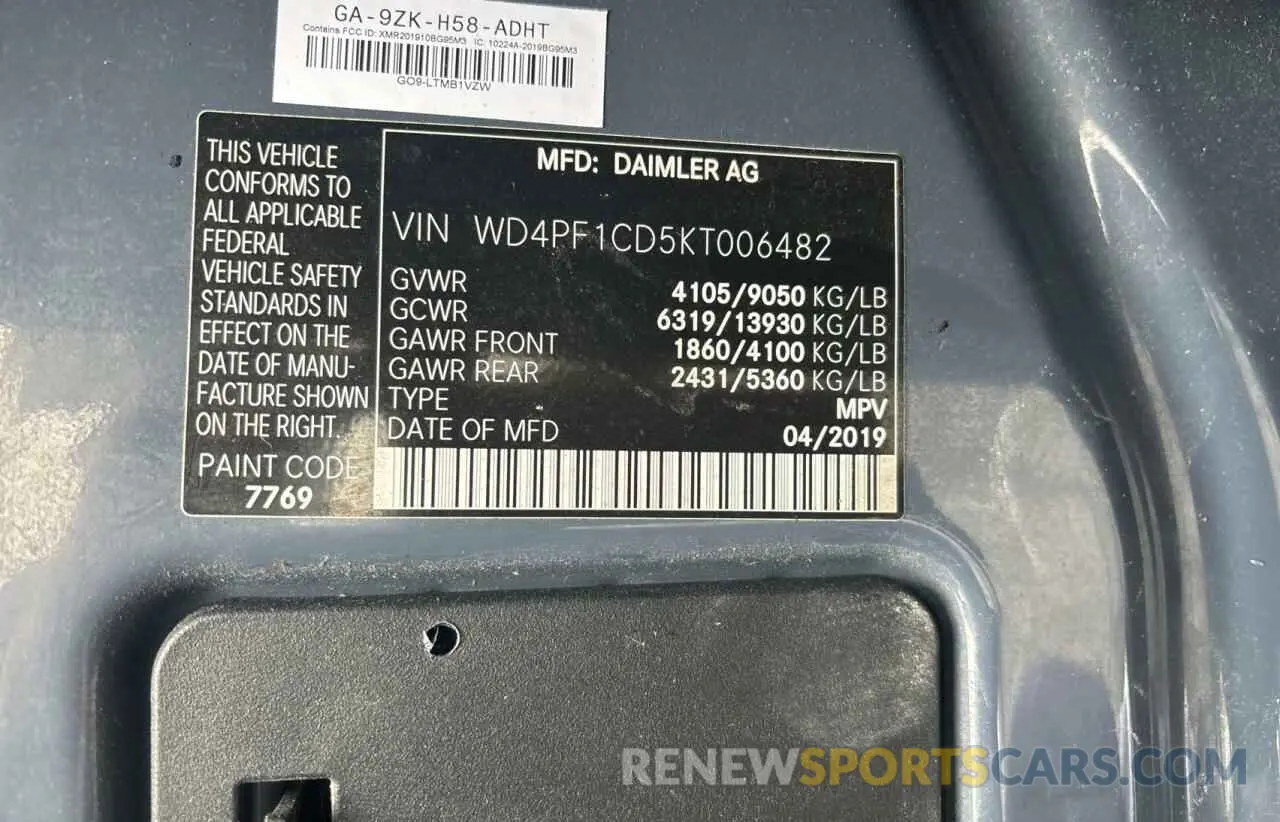 10 Photograph of a damaged car WD4PF1CD5KT006482 MERCEDES-BENZ SPRINTER 2019