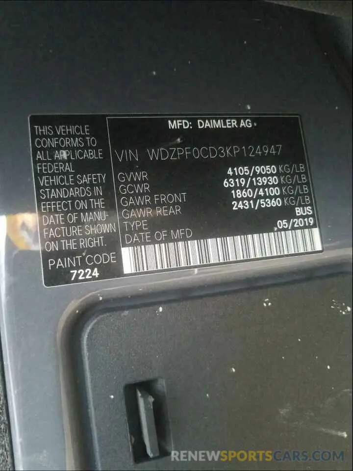 10 Photograph of a damaged car WDZPF0CD3KP124947 MERCEDES-BENZ SPRINTER 2019