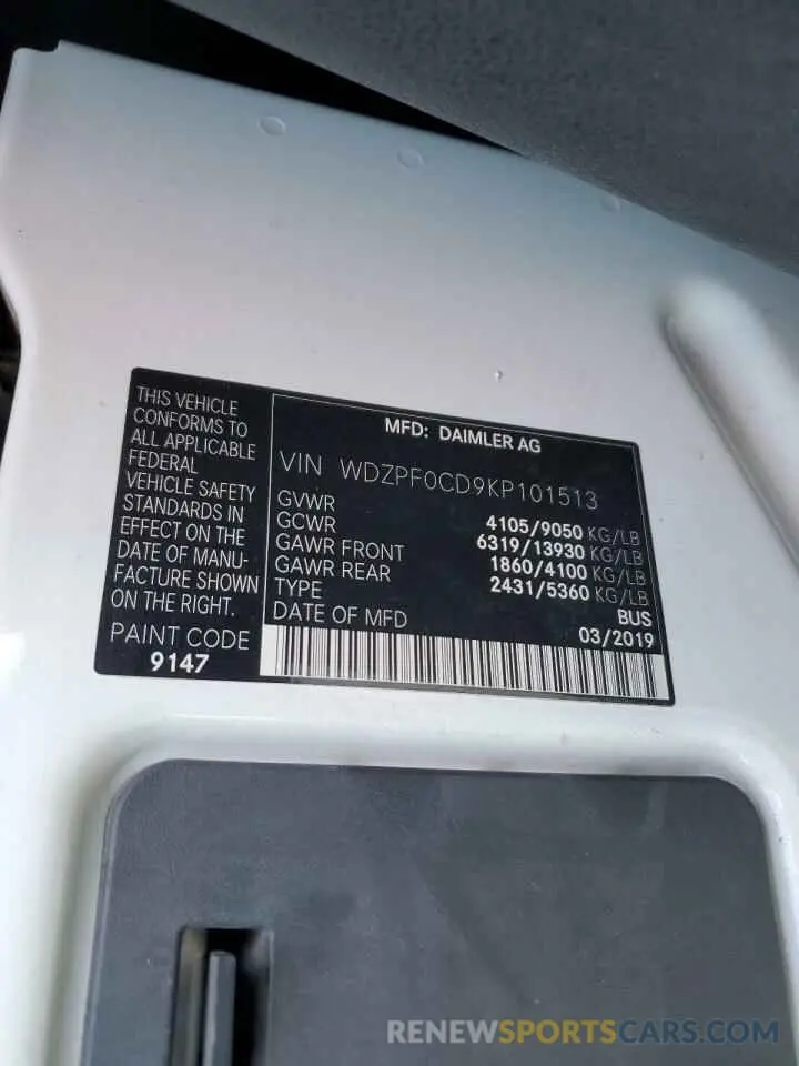13 Photograph of a damaged car WDZPF0CD9KP101513 MERCEDES-BENZ SPRINTER 2019