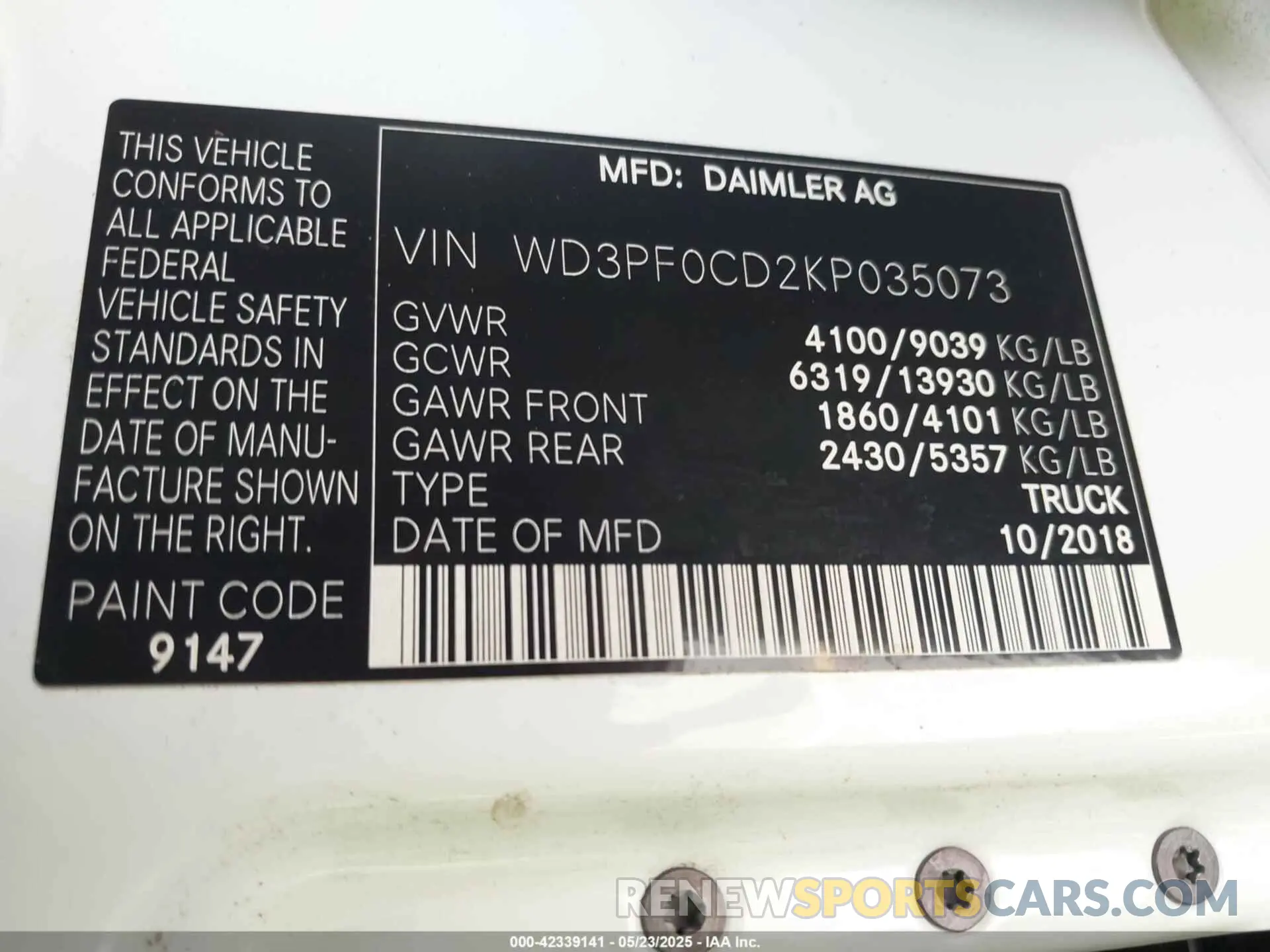 9 Фотография поврежденного автомобиля WD3PF0CD2KP035073 MERCEDES-BENZ SPRINTER 2500 2019