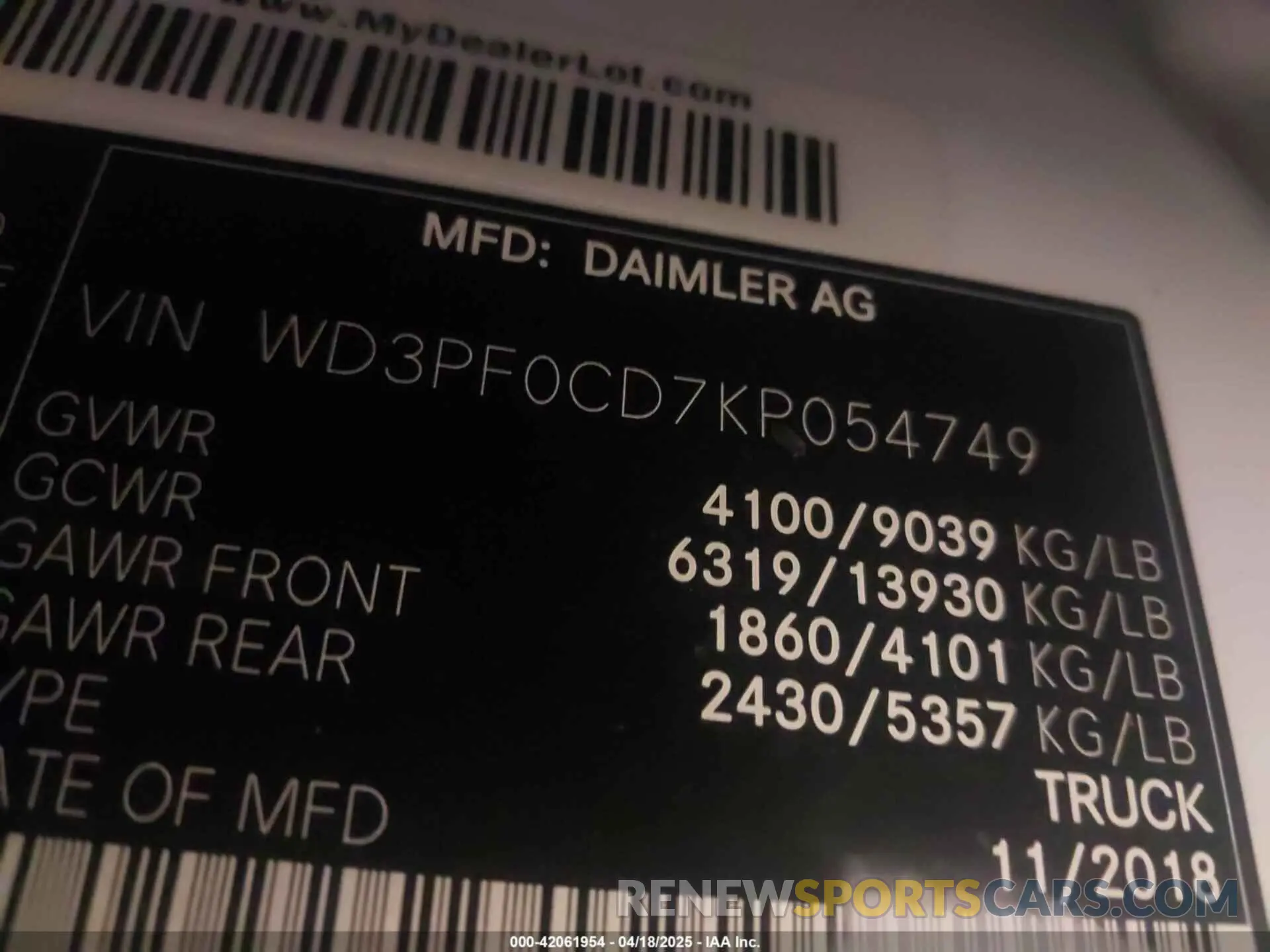 9 Фотография поврежденного автомобиля WD3PF0CD7KP054749 MERCEDES-BENZ SPRINTER 2500 2019
