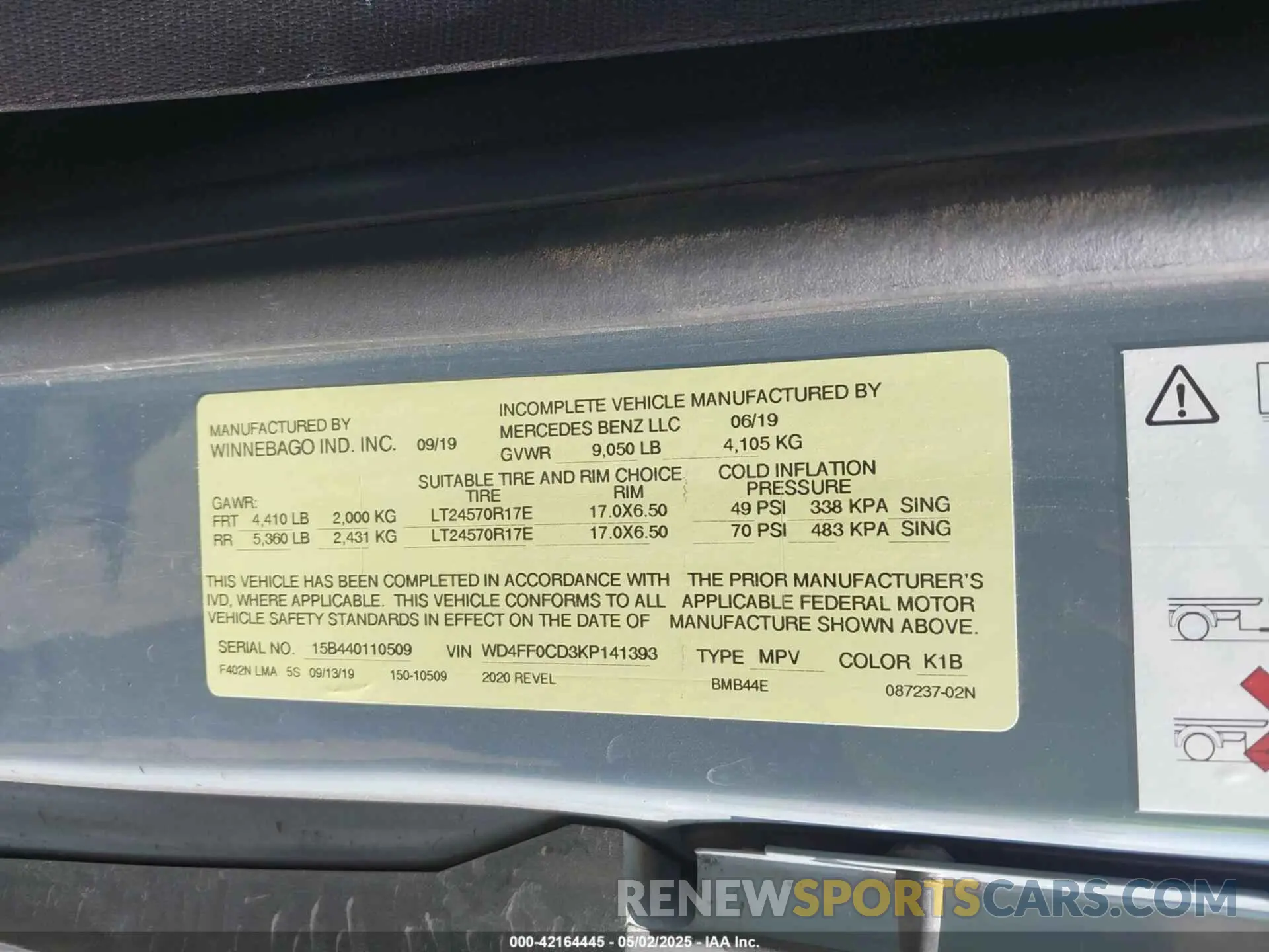 9 Фотография поврежденного автомобиля WD4FF0CD3KP141393 MERCEDES-BENZ SPRINTER 2500 2019