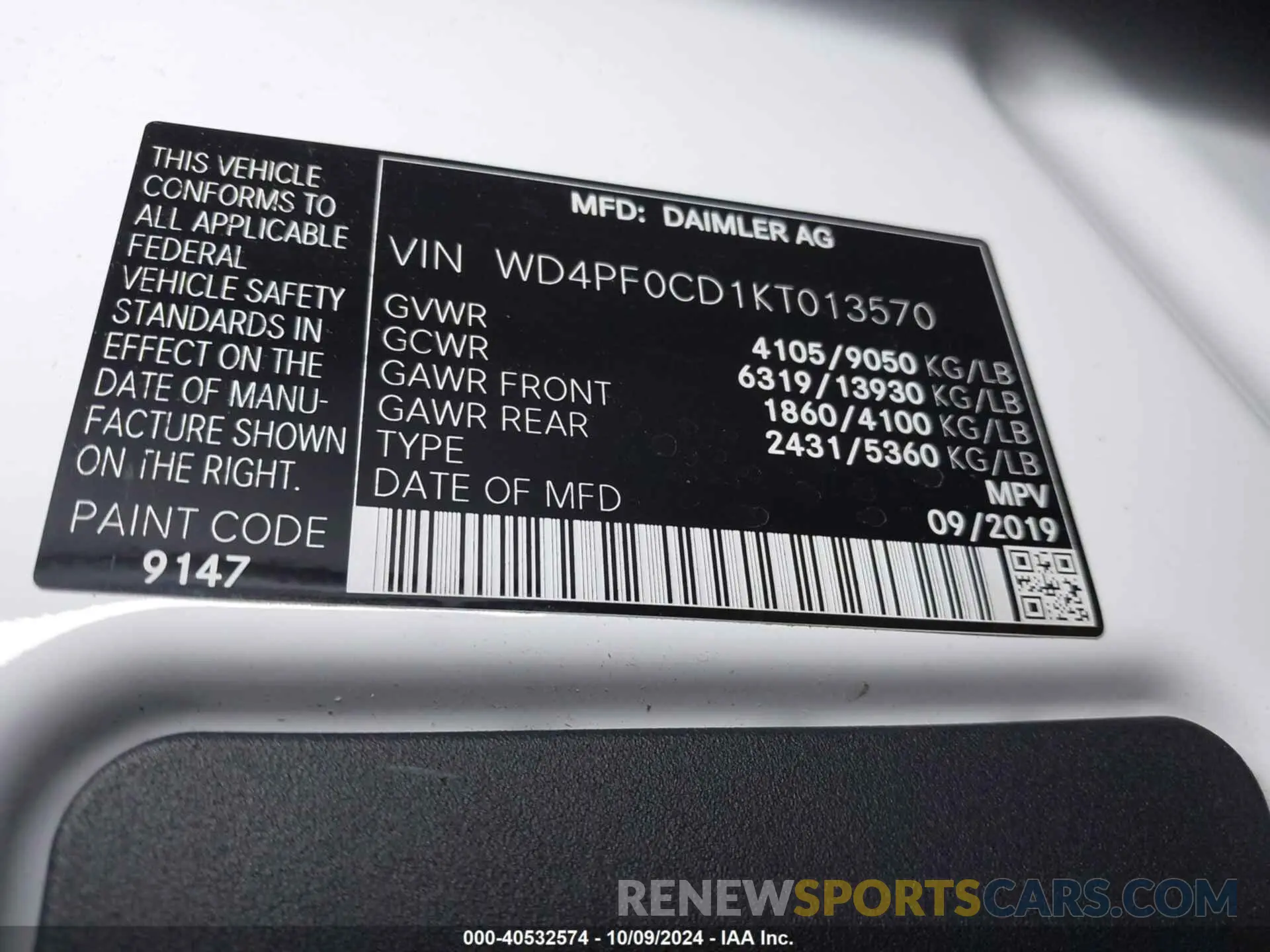 9 Photograph of a damaged car WD4PF0CD1KT013570 MERCEDES-BENZ SPRINTER 2500 2019