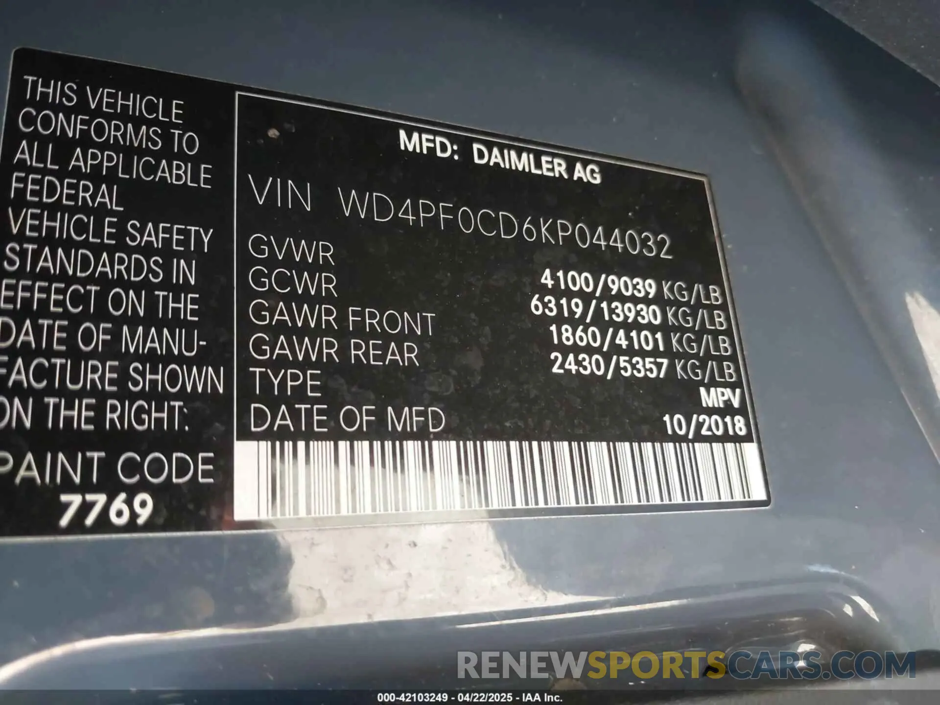 9 Фотография поврежденного автомобиля WD4PF0CD6KP044032 MERCEDES-BENZ SPRINTER 2500 2019