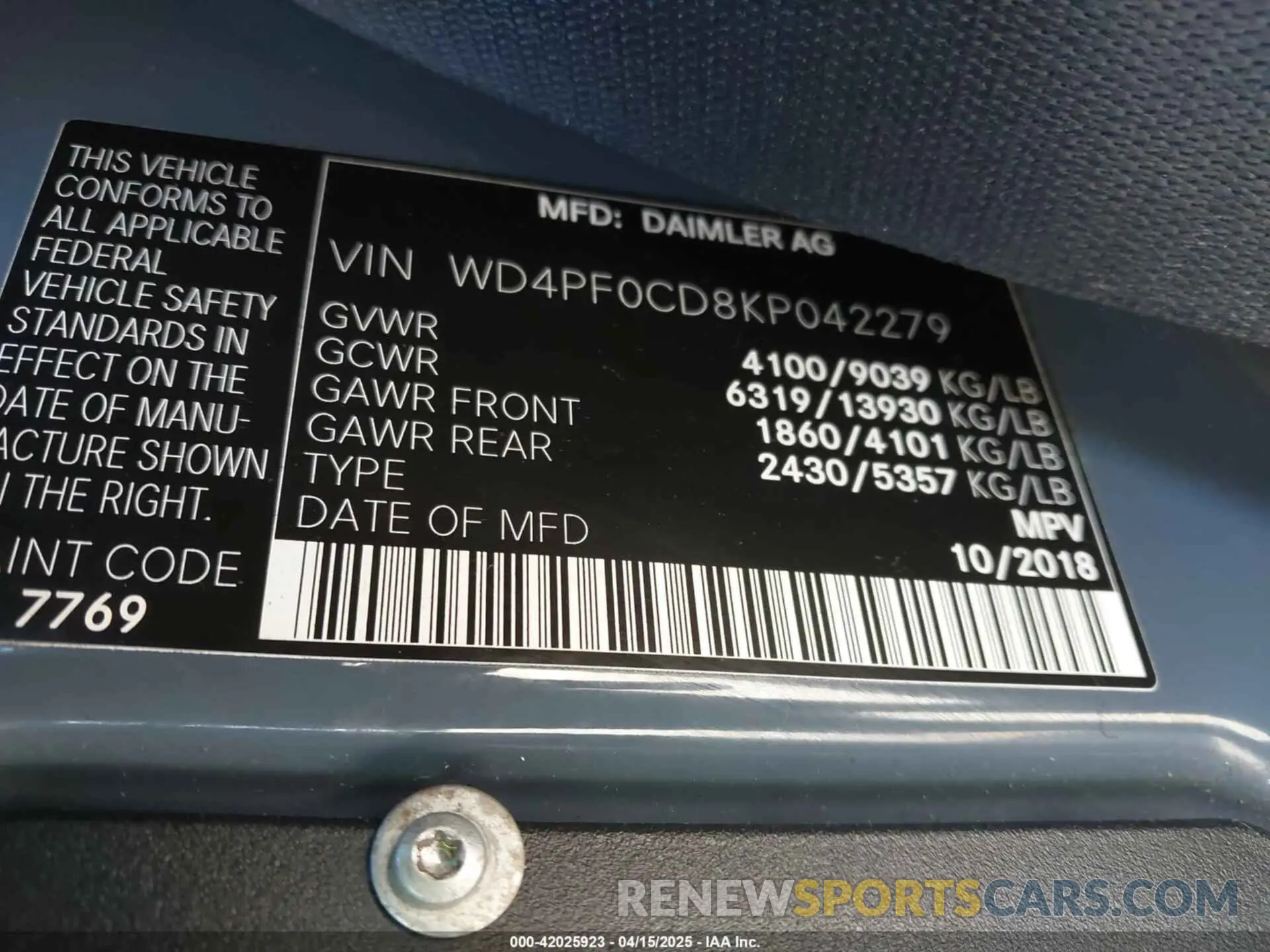 9 Фотография поврежденного автомобиля WD4PF0CD8KP042279 MERCEDES-BENZ SPRINTER 2500 2019