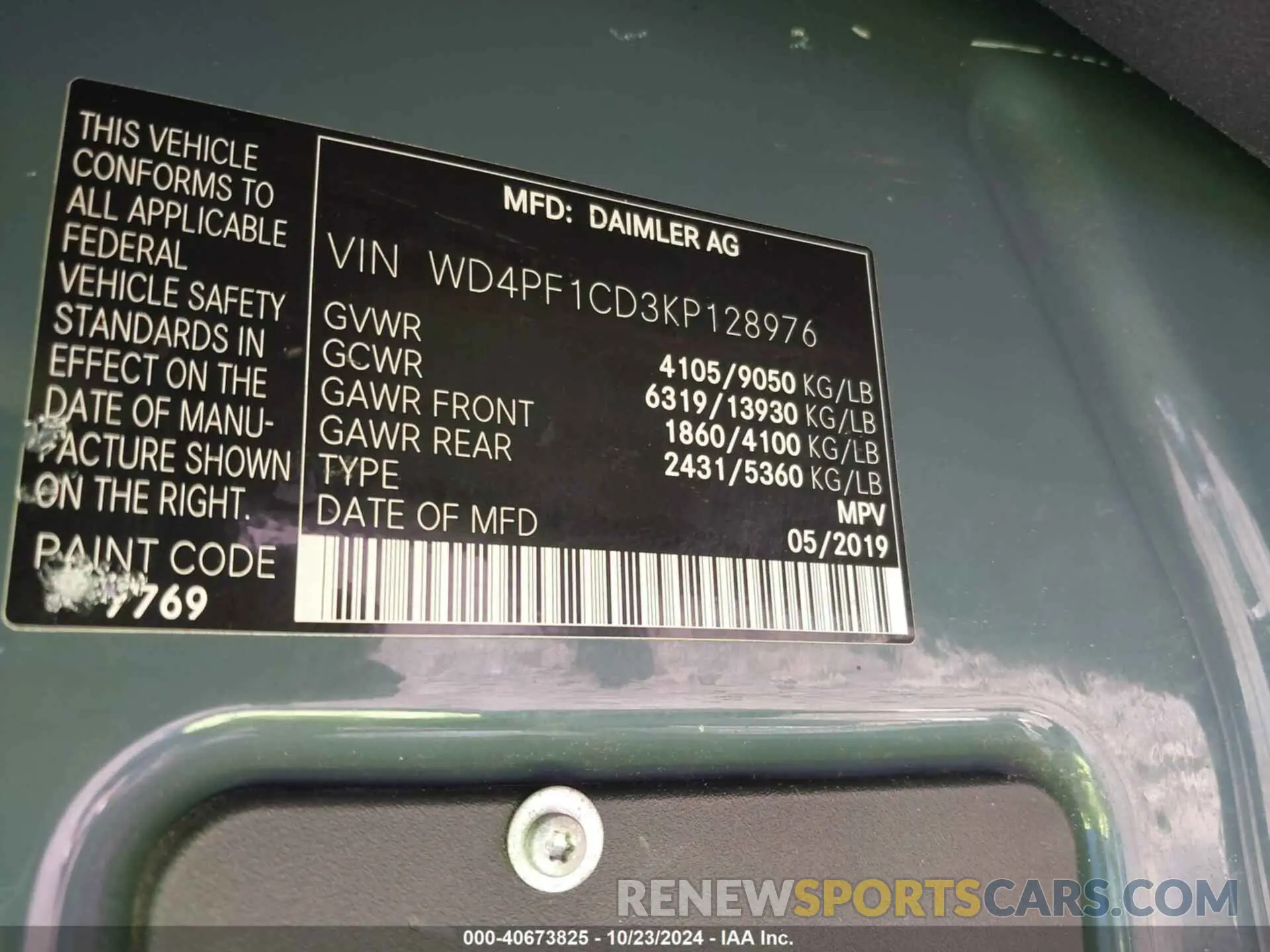 9 Фотография поврежденного автомобиля WD4PF1CD3KP128976 MERCEDES-BENZ SPRINTER 2500 2019