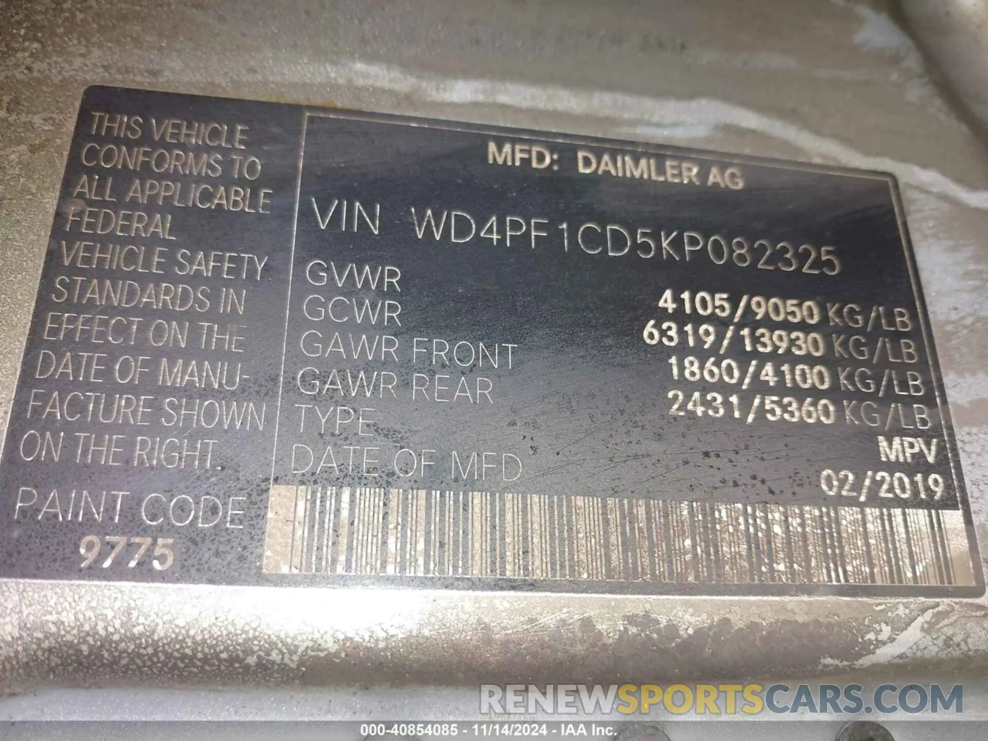 9 Photograph of a damaged car WD4PF1CD5KP082325 MERCEDES-BENZ SPRINTER 2500 2019