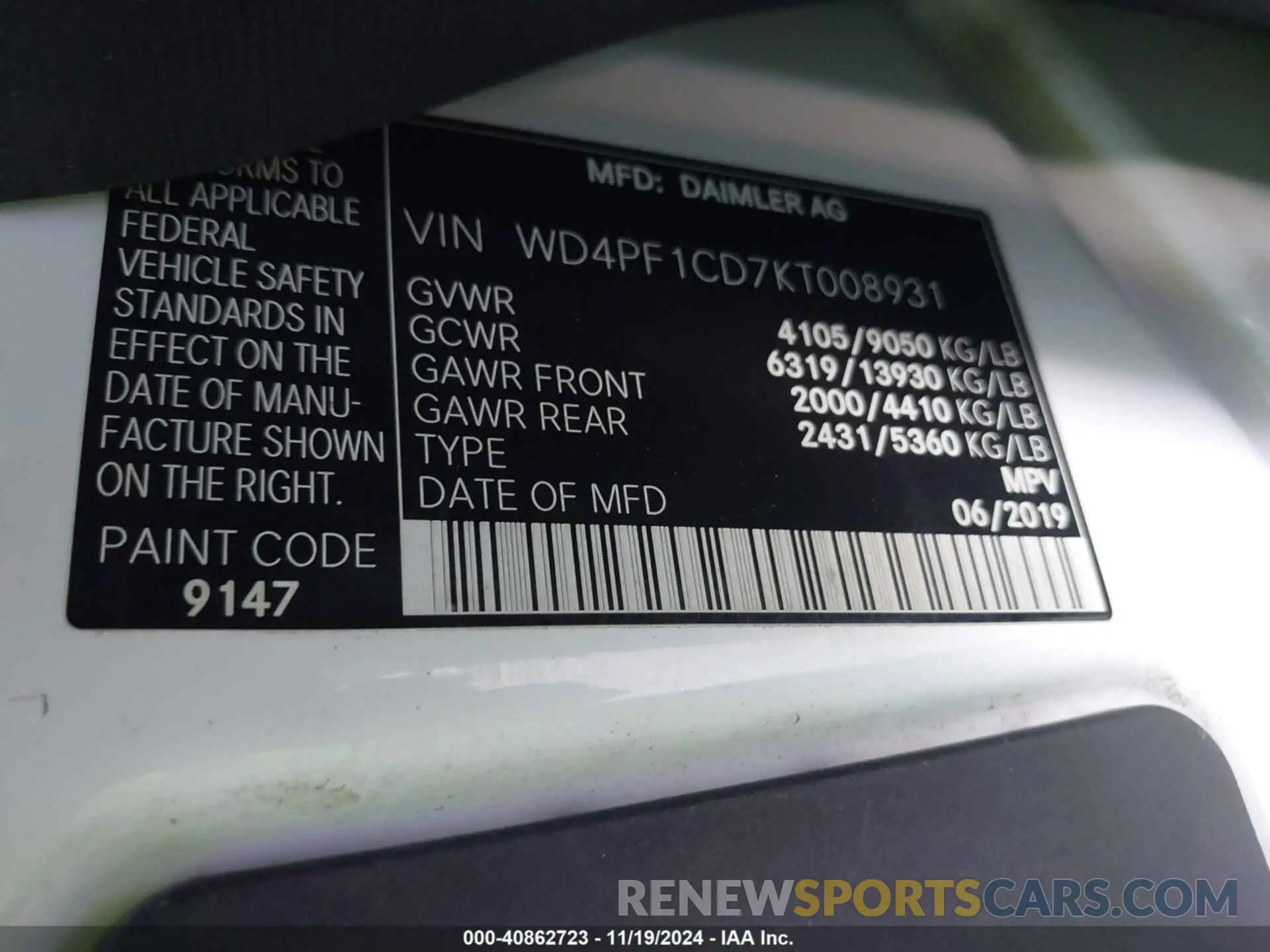 9 Фотография поврежденного автомобиля WD4PF1CD7KT008931 MERCEDES-BENZ SPRINTER 2500 2019