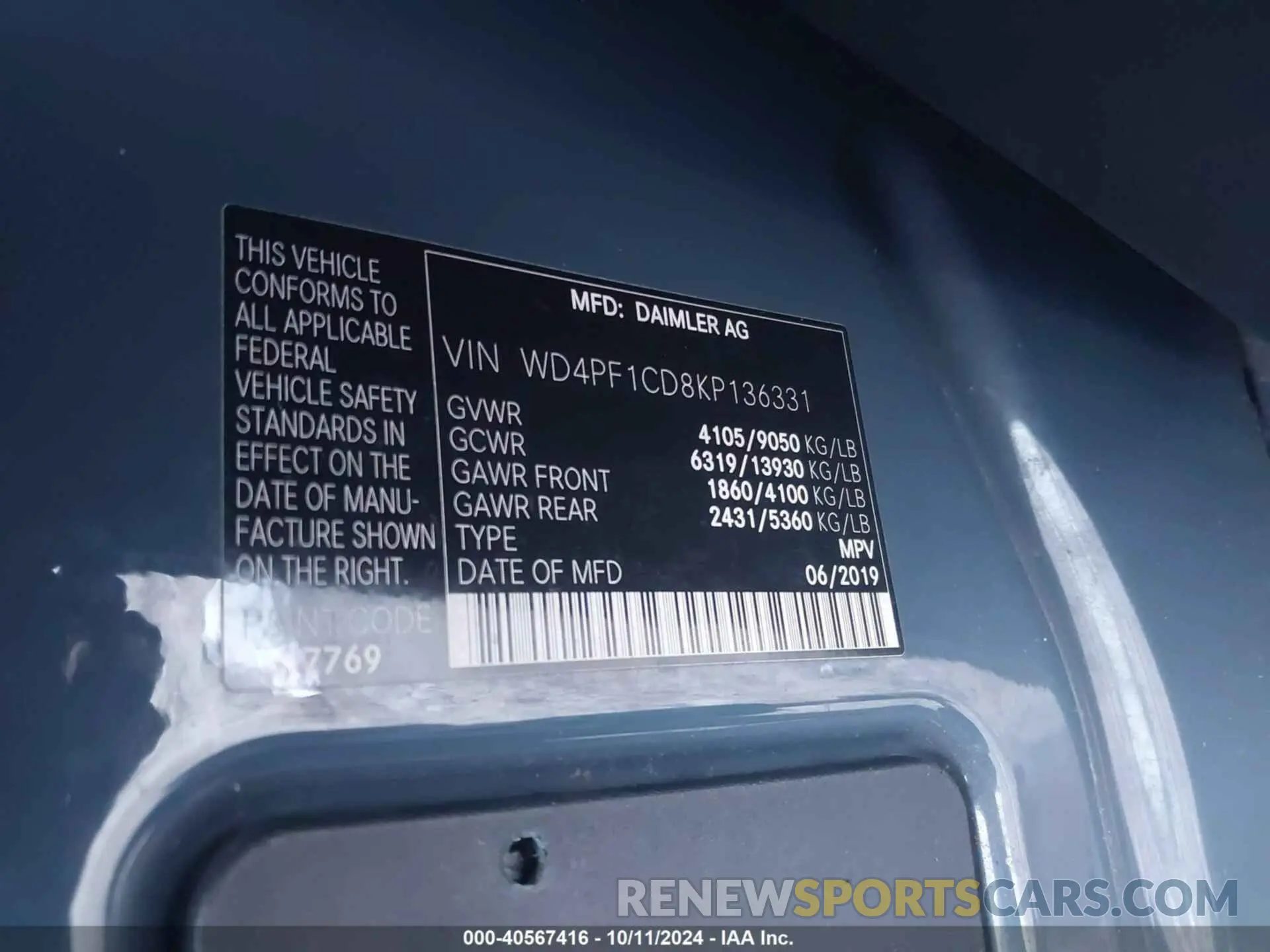 9 Photograph of a damaged car WD4PF1CD8KP136331 MERCEDES-BENZ SPRINTER 2500 2019