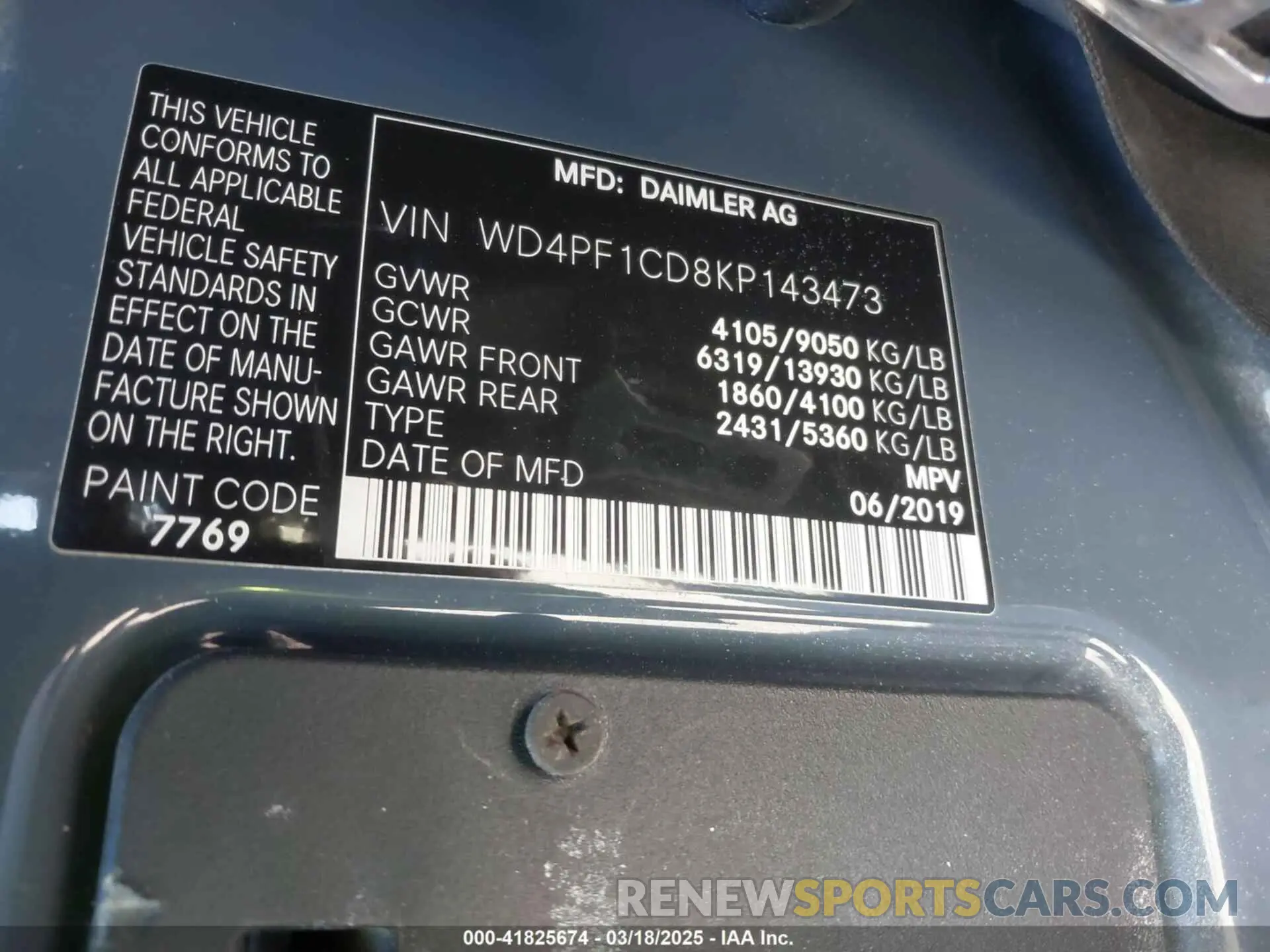 9 Фотография поврежденного автомобиля WD4PF1CD8KP143473 MERCEDES-BENZ SPRINTER 2500 2019