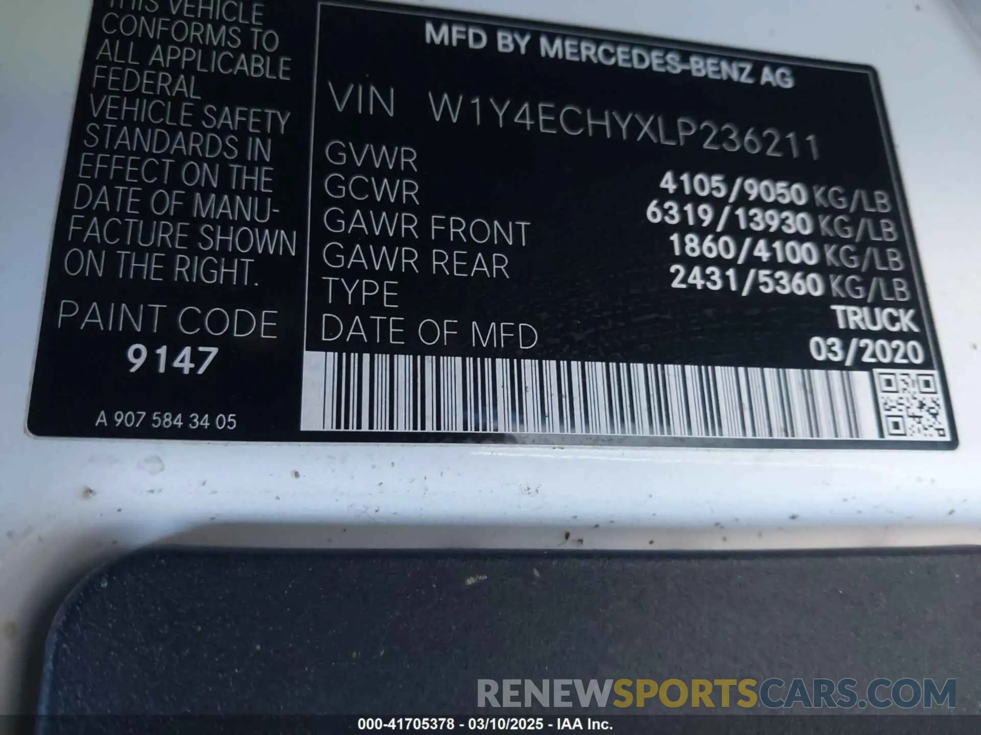 9 Фотография поврежденного автомобиля W1Y4ECHYXLP236211 MERCEDES-BENZ SPRINTER 2500 2020