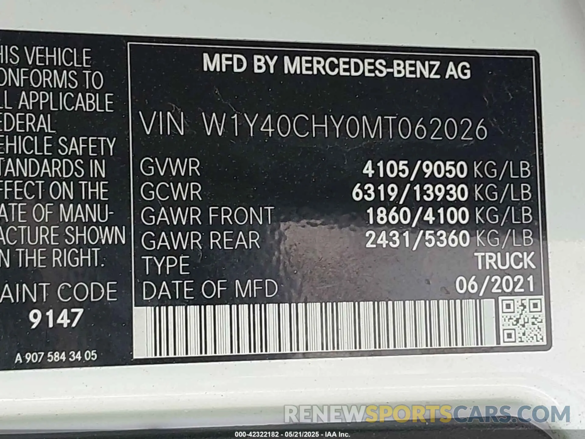 9 Фотография поврежденного автомобиля W1Y40CHY0MT062026 MERCEDES-BENZ SPRINTER 2500 2021