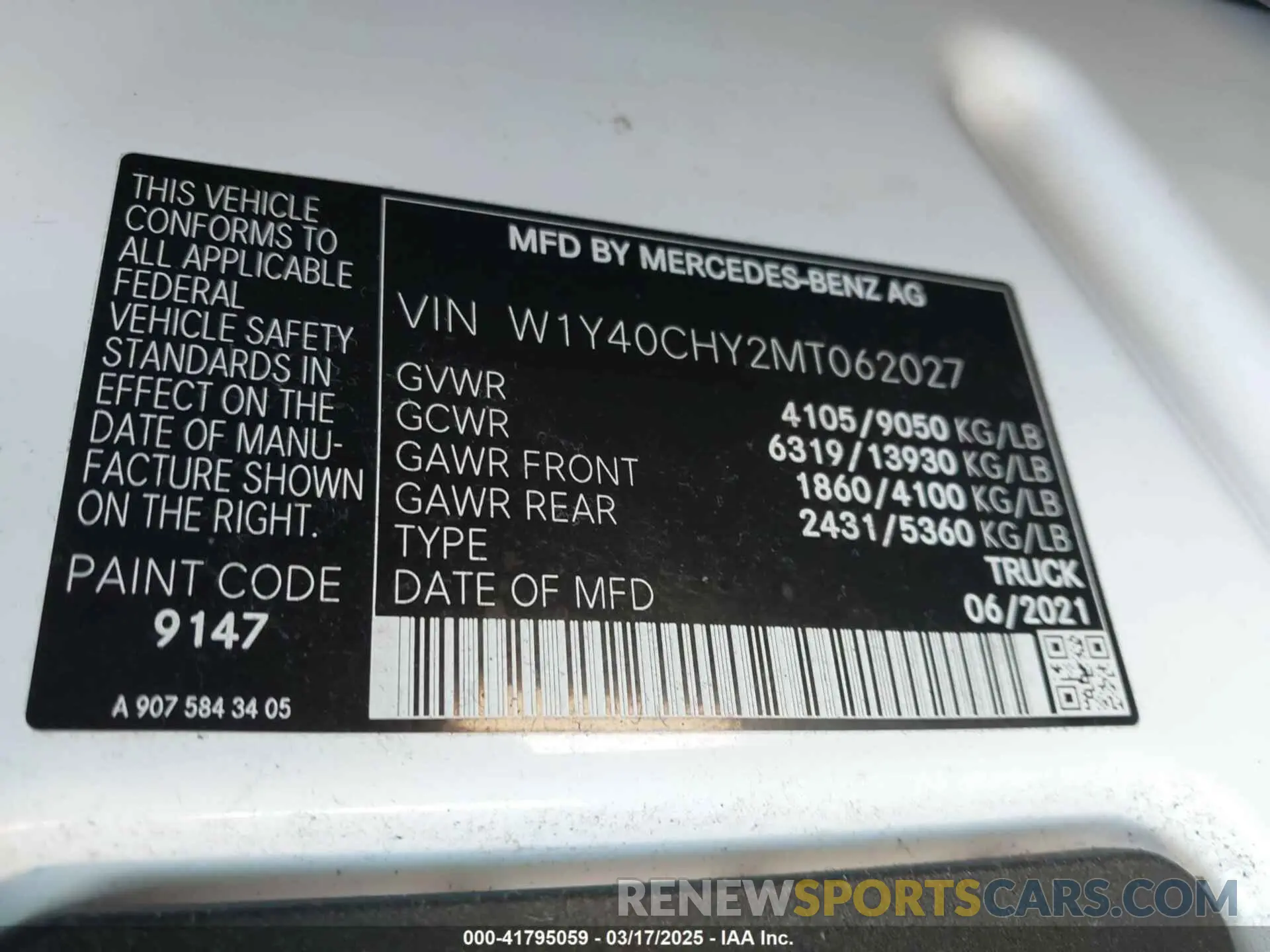 9 Фотография поврежденного автомобиля W1Y40CHY2MT062027 MERCEDES-BENZ SPRINTER 2500 2021