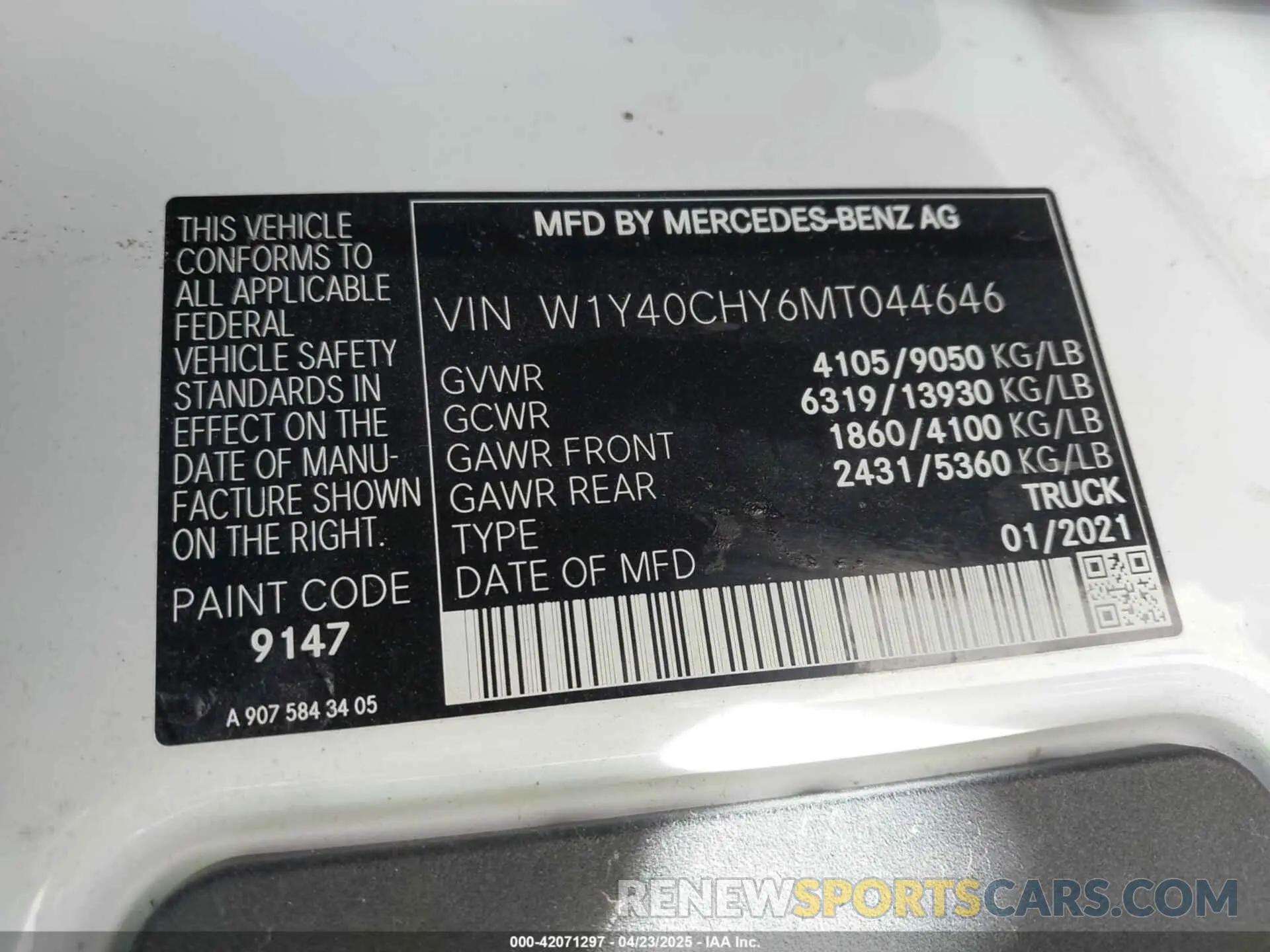 9 Фотография поврежденного автомобиля W1Y40CHY6MT044646 MERCEDES-BENZ SPRINTER 2500 2021