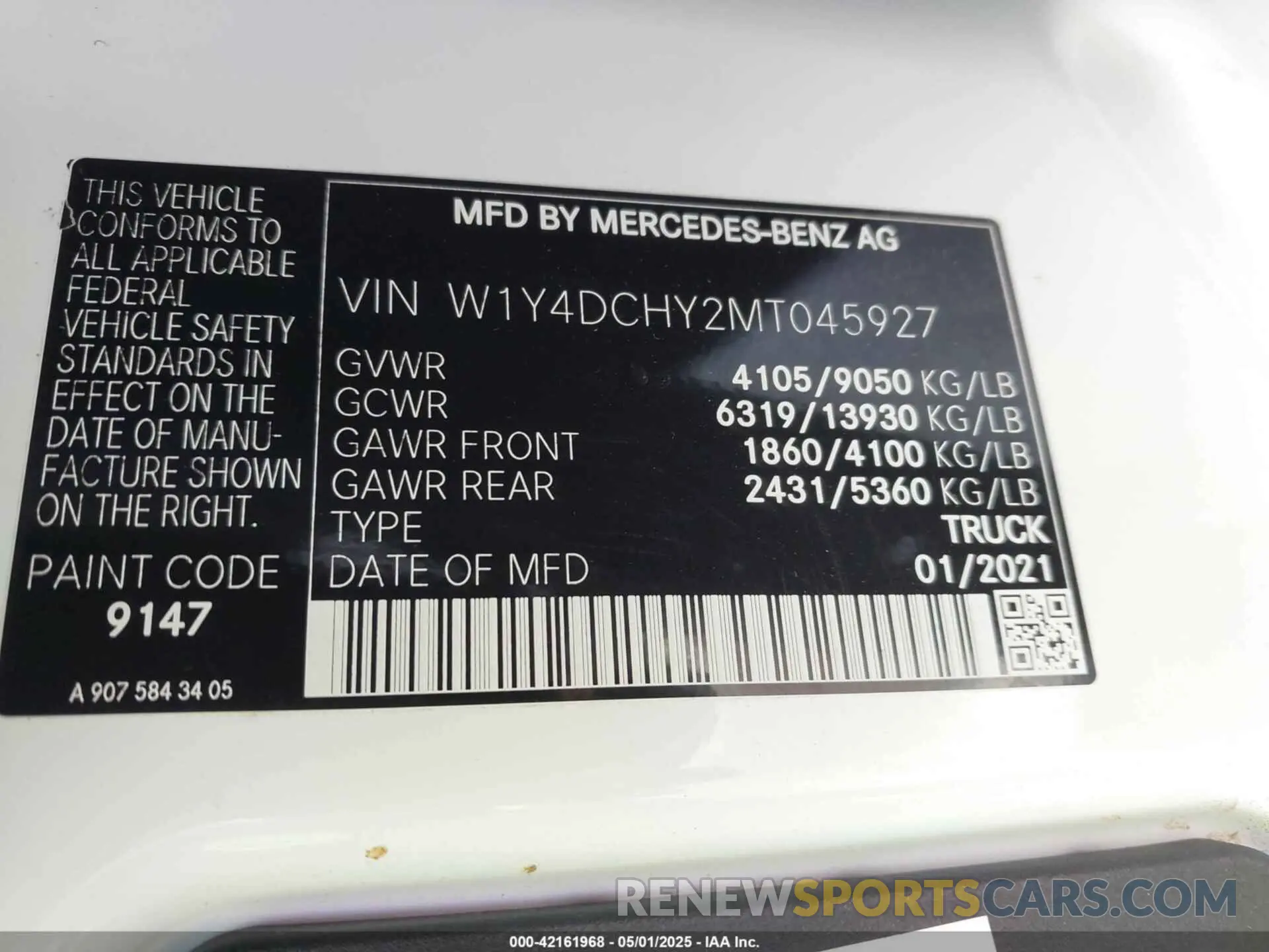 9 Фотография поврежденного автомобиля W1Y4DCHY2MT045927 MERCEDES-BENZ SPRINTER 2500 2021