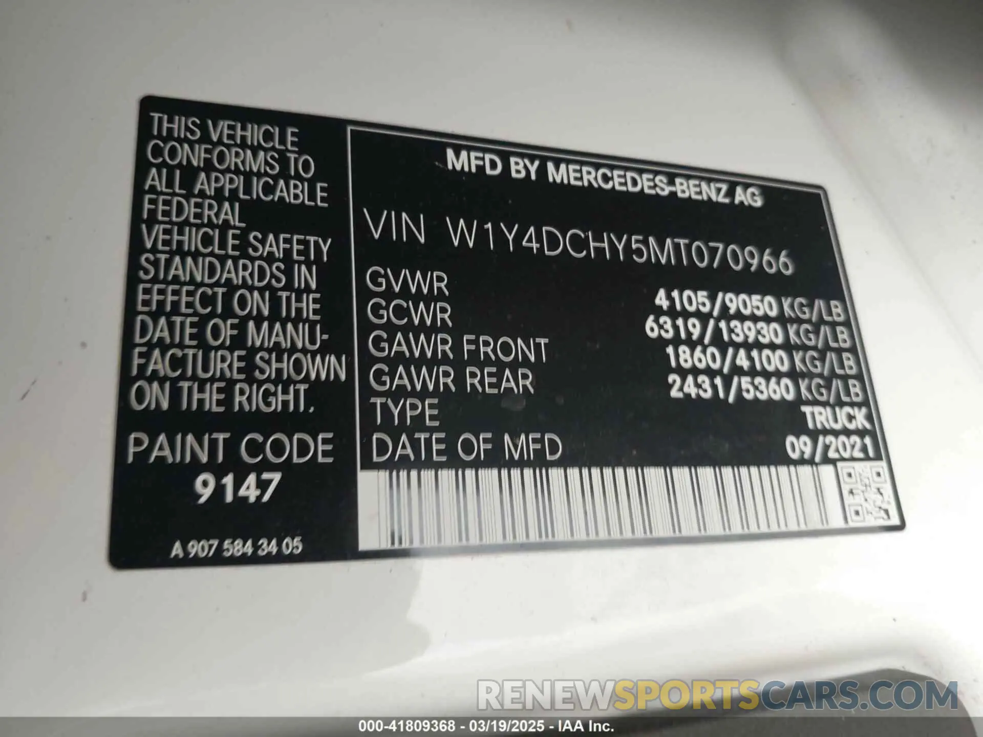 9 Фотография поврежденного автомобиля W1Y4DCHY5MT070966 MERCEDES-BENZ SPRINTER 2500 2021