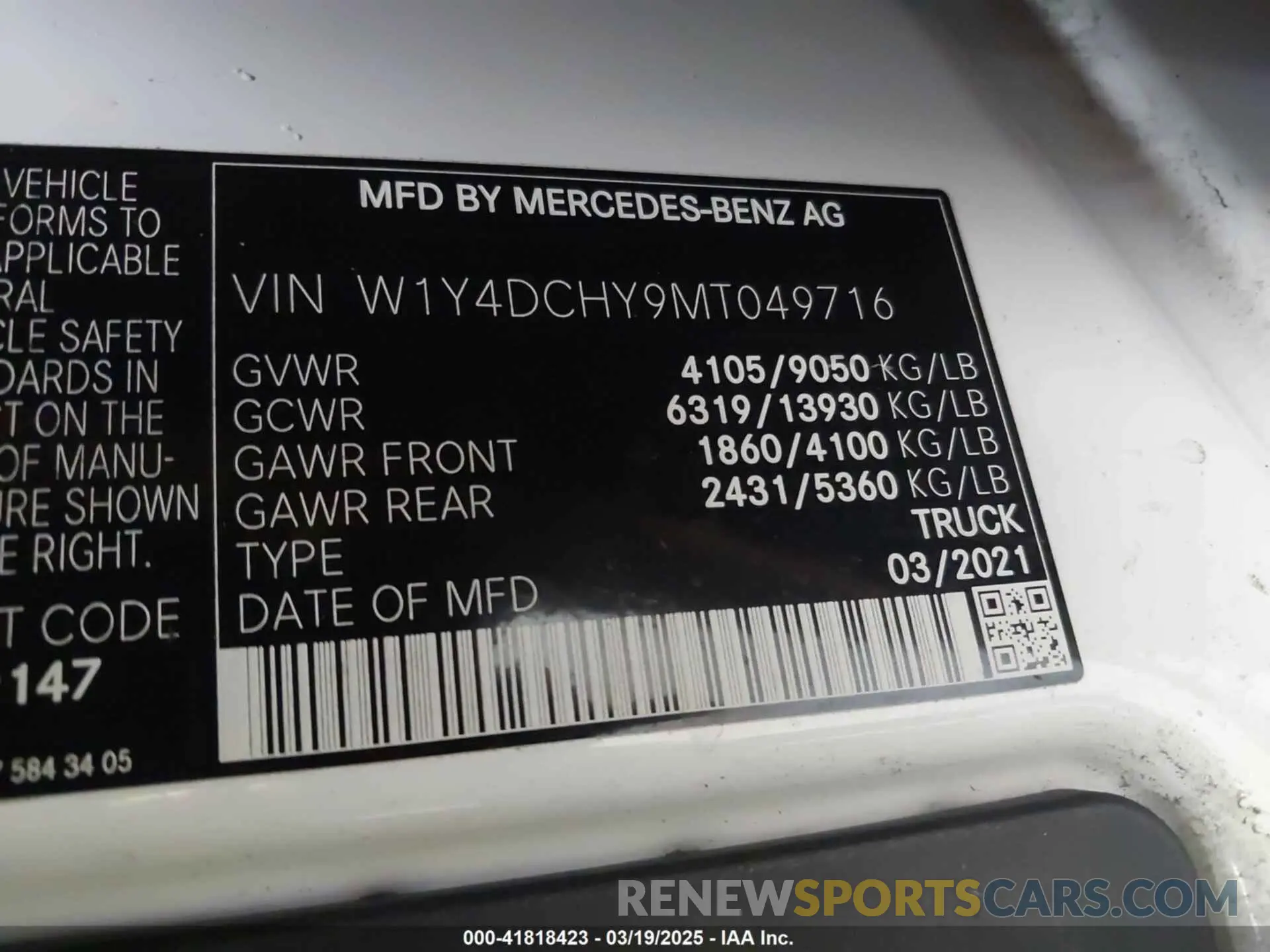 9 Фотография поврежденного автомобиля W1Y4DCHY9MT049716 MERCEDES-BENZ SPRINTER 2500 2021
