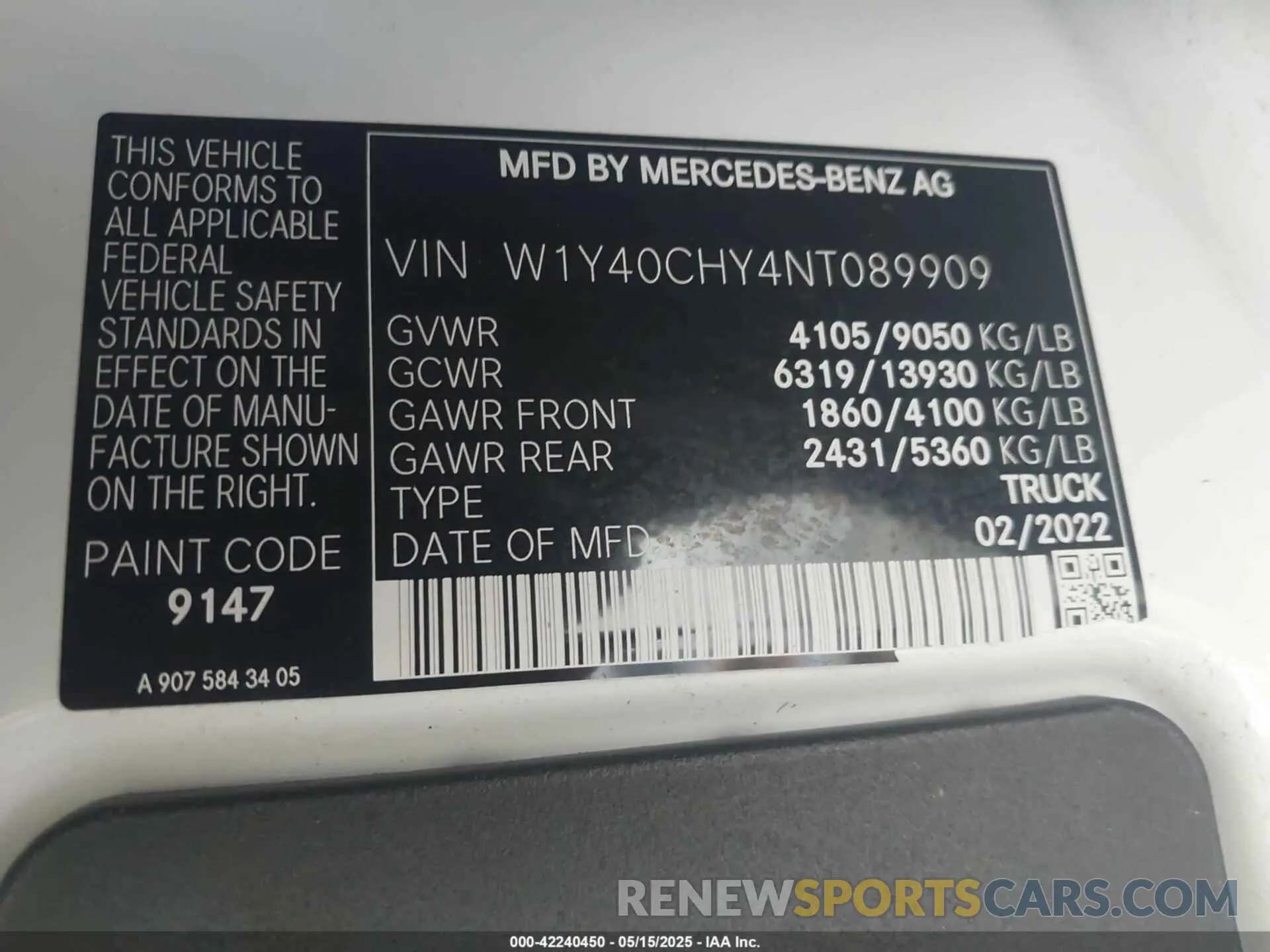 9 Фотография поврежденного автомобиля W1Y40CHY4NT089909 MERCEDES-BENZ SPRINTER 2500 2022