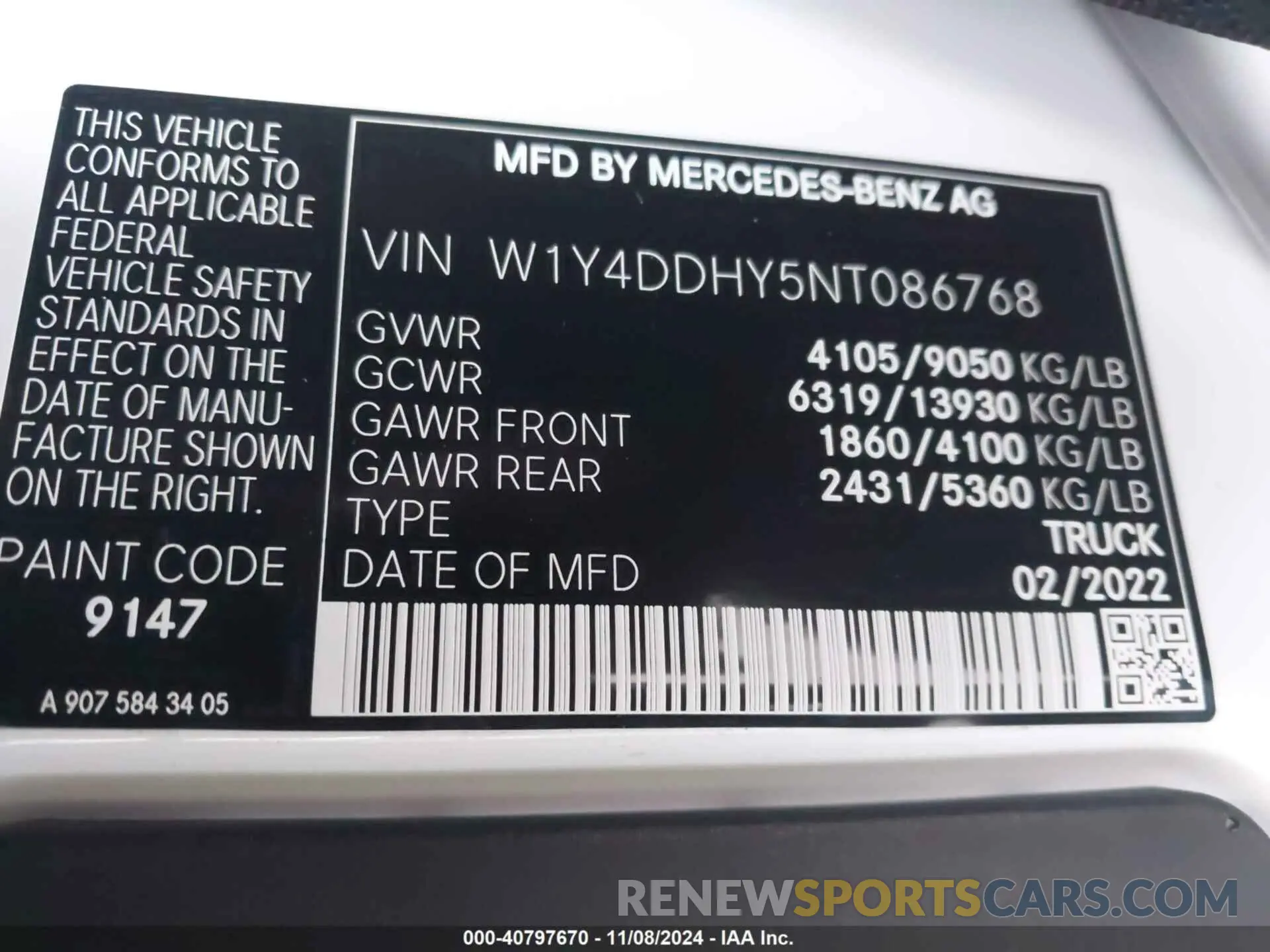 9 Photograph of a damaged car W1Y4DDHY5NT086768 MERCEDES-BENZ SPRINTER 2500 2022