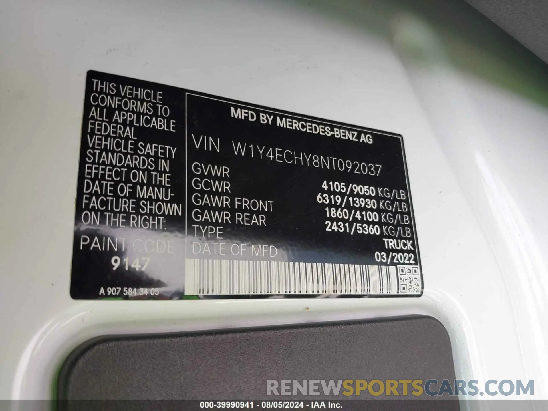 9 Photograph of a damaged car W1Y4ECHY8NT092037 MERCEDES-BENZ SPRINTER 2500 2022