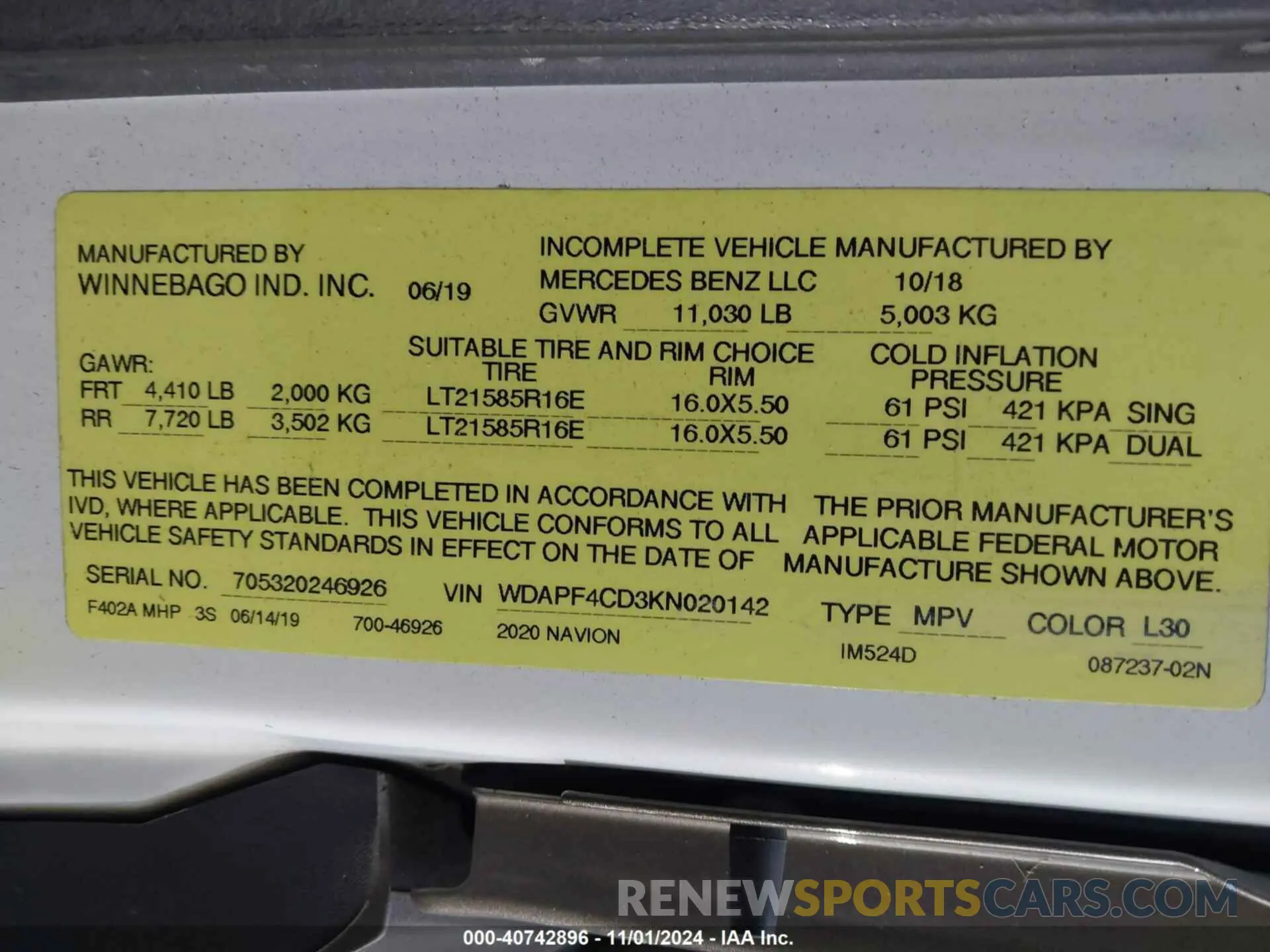9 Фотография поврежденного автомобиля WDAPF4CD3KN020142 MERCEDES-BENZ SPRINTER 4500 2020