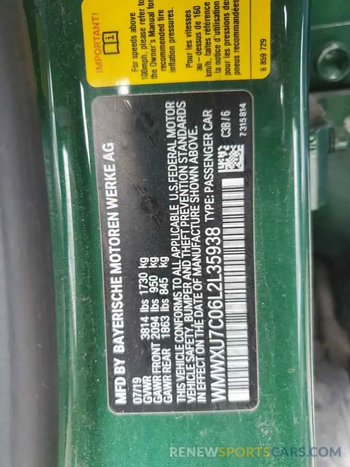 12 Фотография поврежденного автомобиля WMWXU7C06L2L35938 MINI COOPER 2020